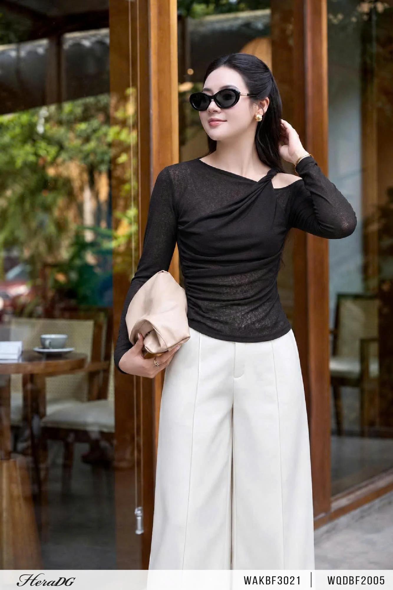 Áo kiểu lệch vai vặn xoắn – Đen – ảnh 5