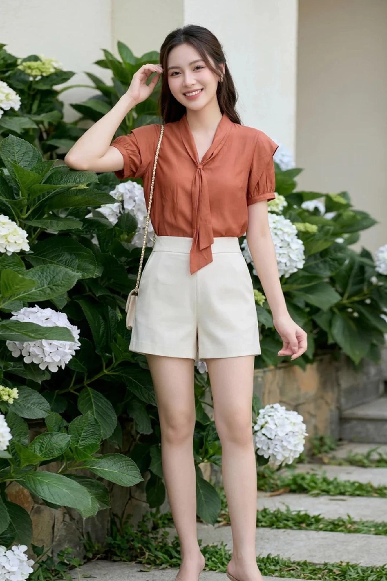 Áo sơ mi tơ ngắn tay thiết kế tay bồng – Cam – ảnh 3