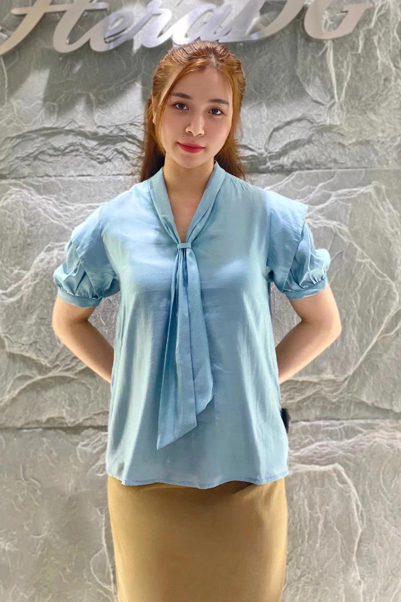 Áo sơ mi tơ ngắn tay thiết kế tay bồng – Xanh dương – ảnh 6
