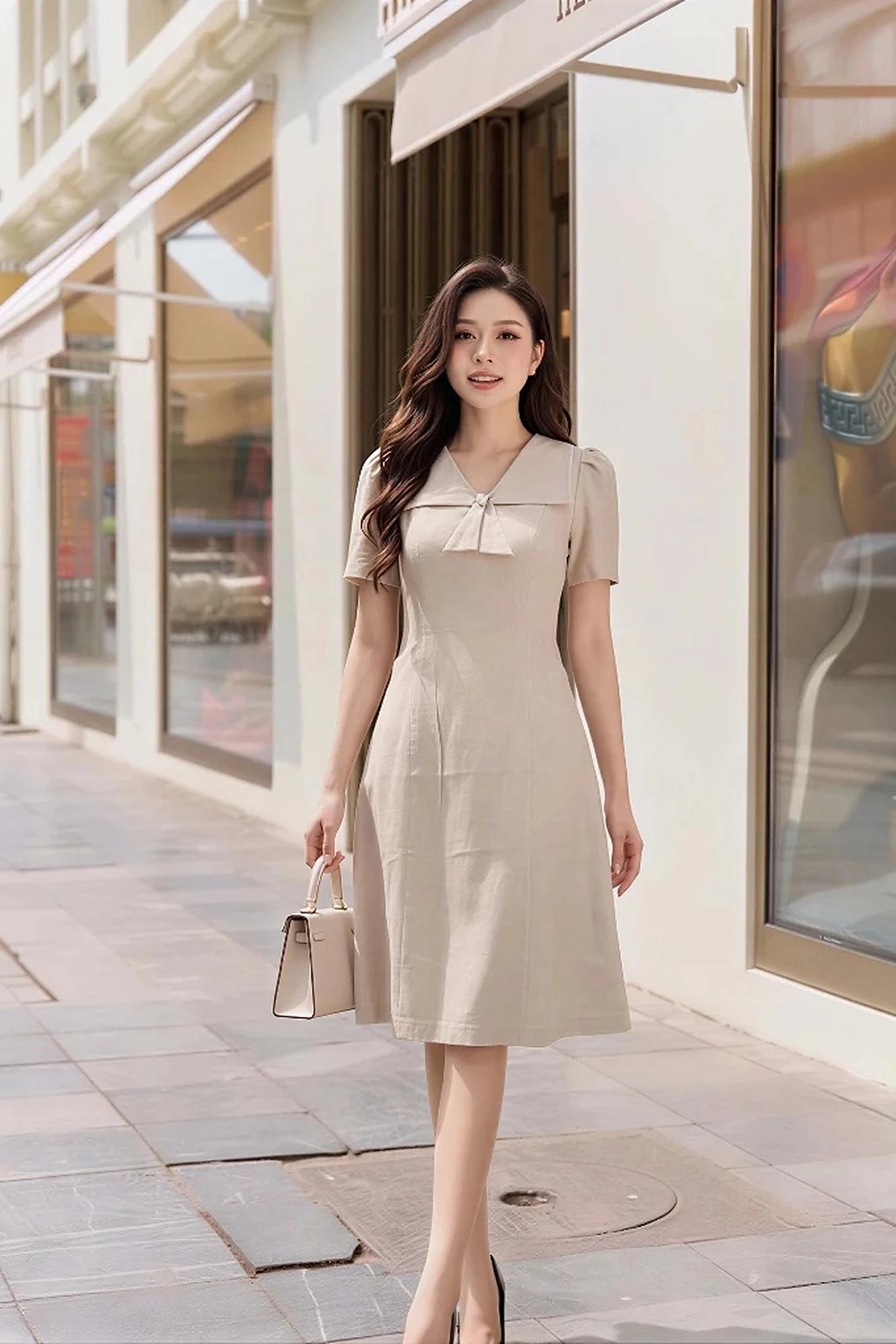 Đầm nữ thiết kế dáng xoè nhẹ, cổ nơ đính cúc nữ tính – ảnh 3