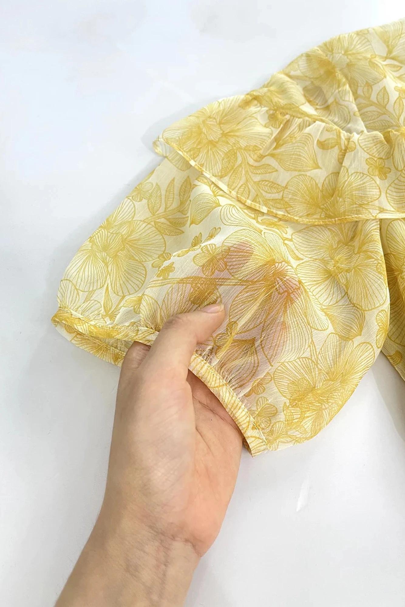 Đầm tơ xòe nhún bèo vai cổ tròn ngắn tay  – ảnh 3