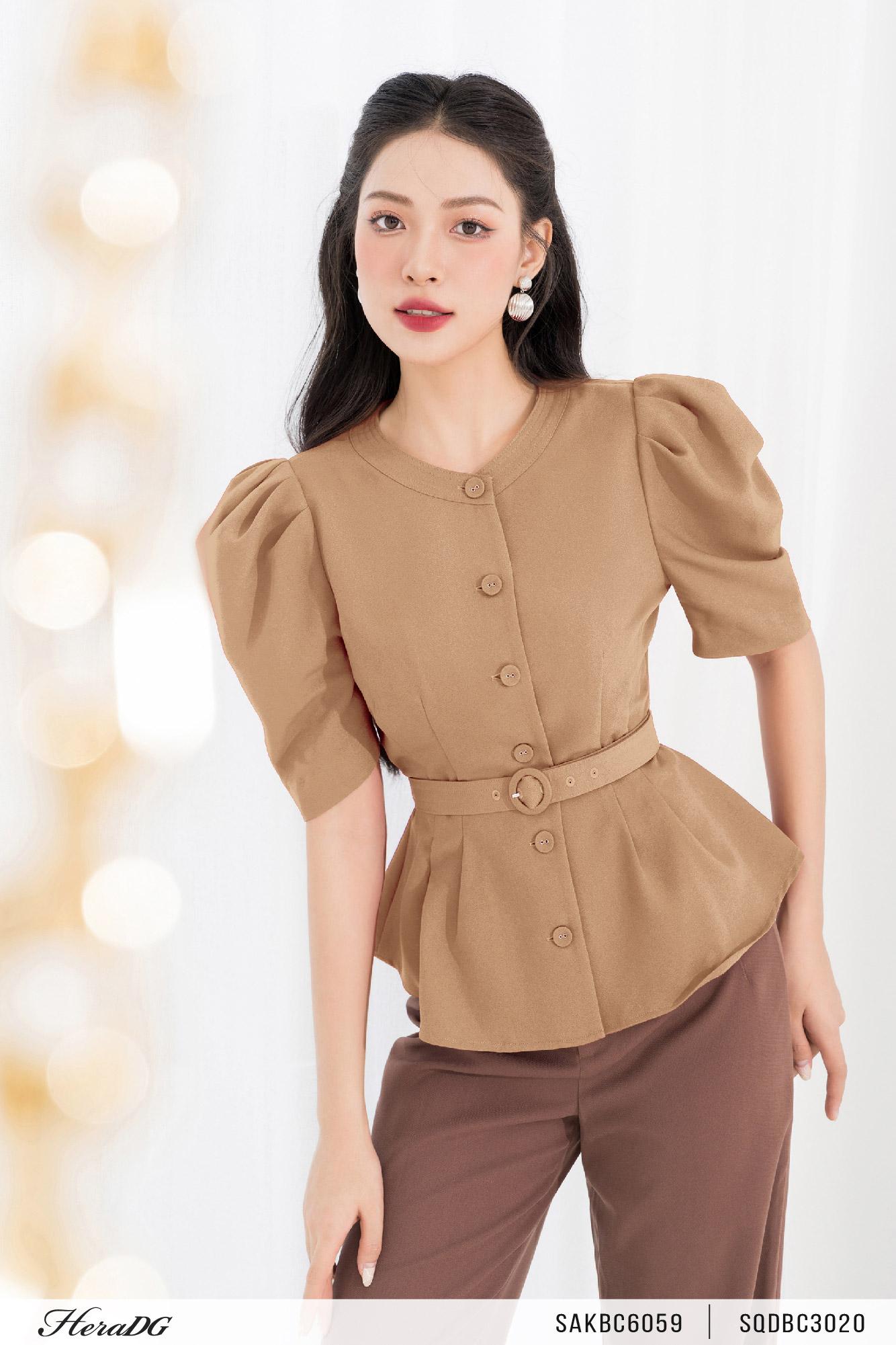 Áo kiểu tay bồng, xếp ly eo