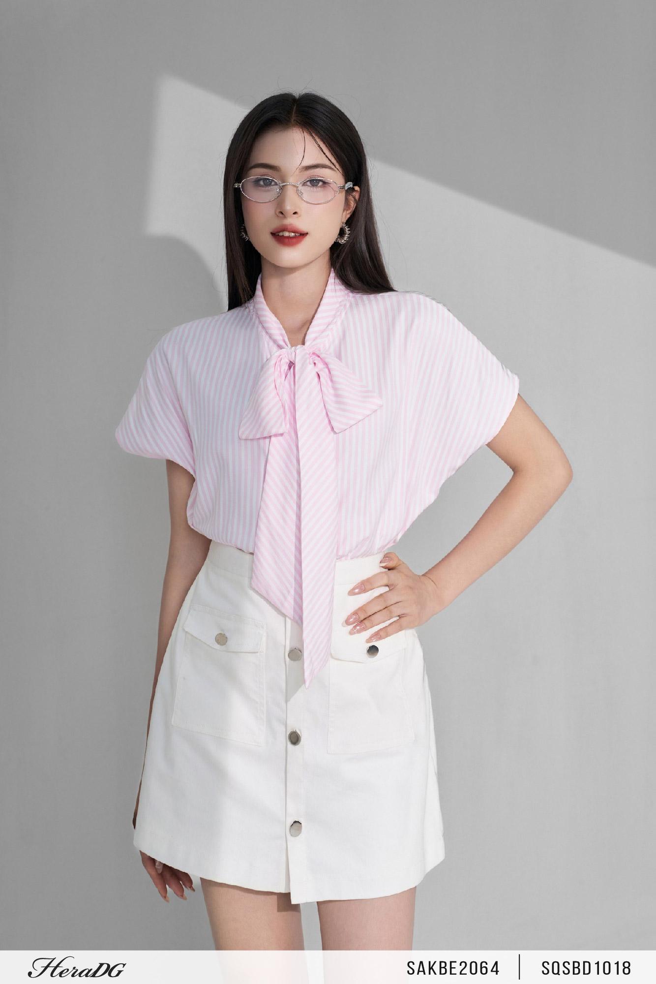 Áo kẻ cổ nơ tay liền