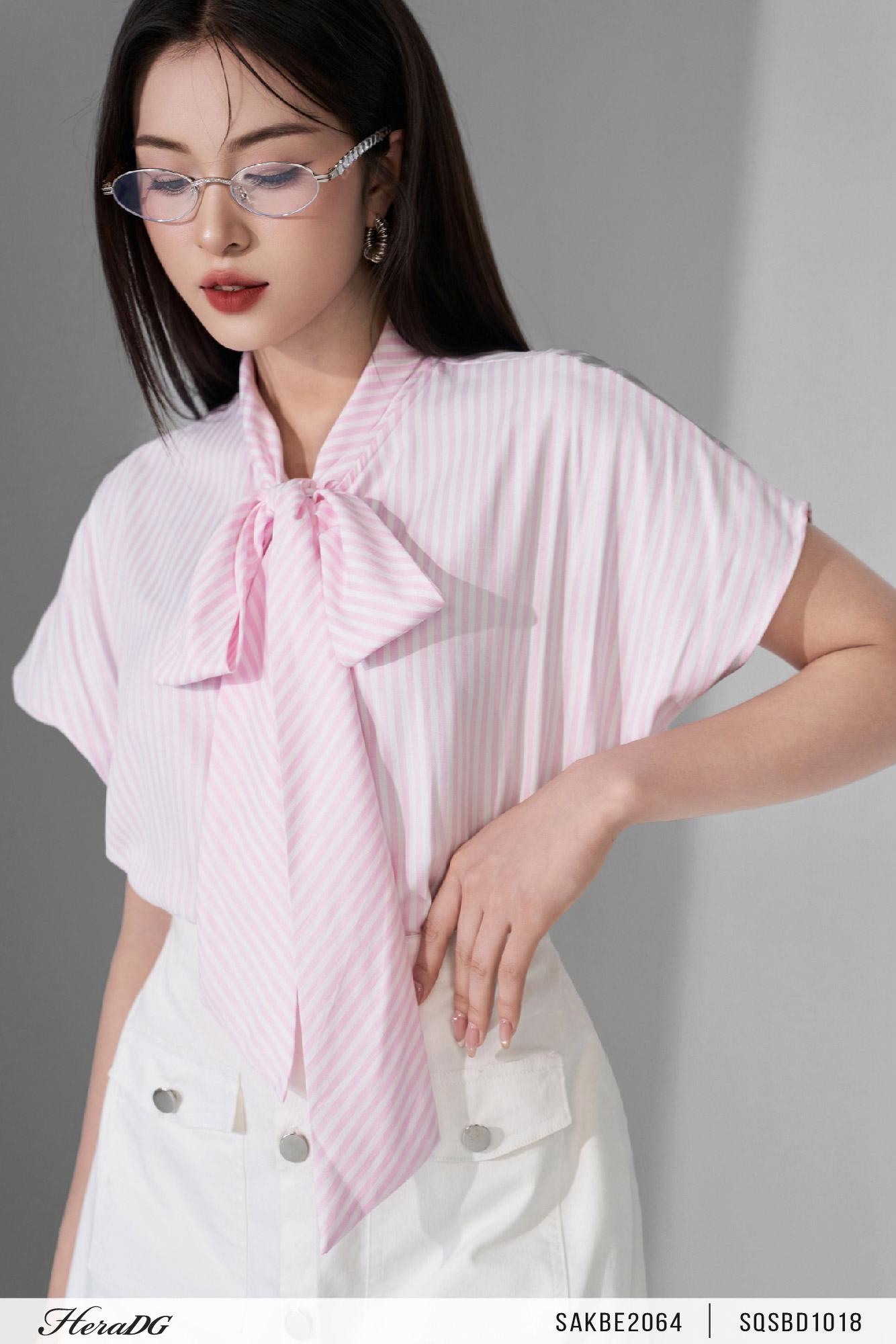 Áo kẻ cổ nơ tay liền