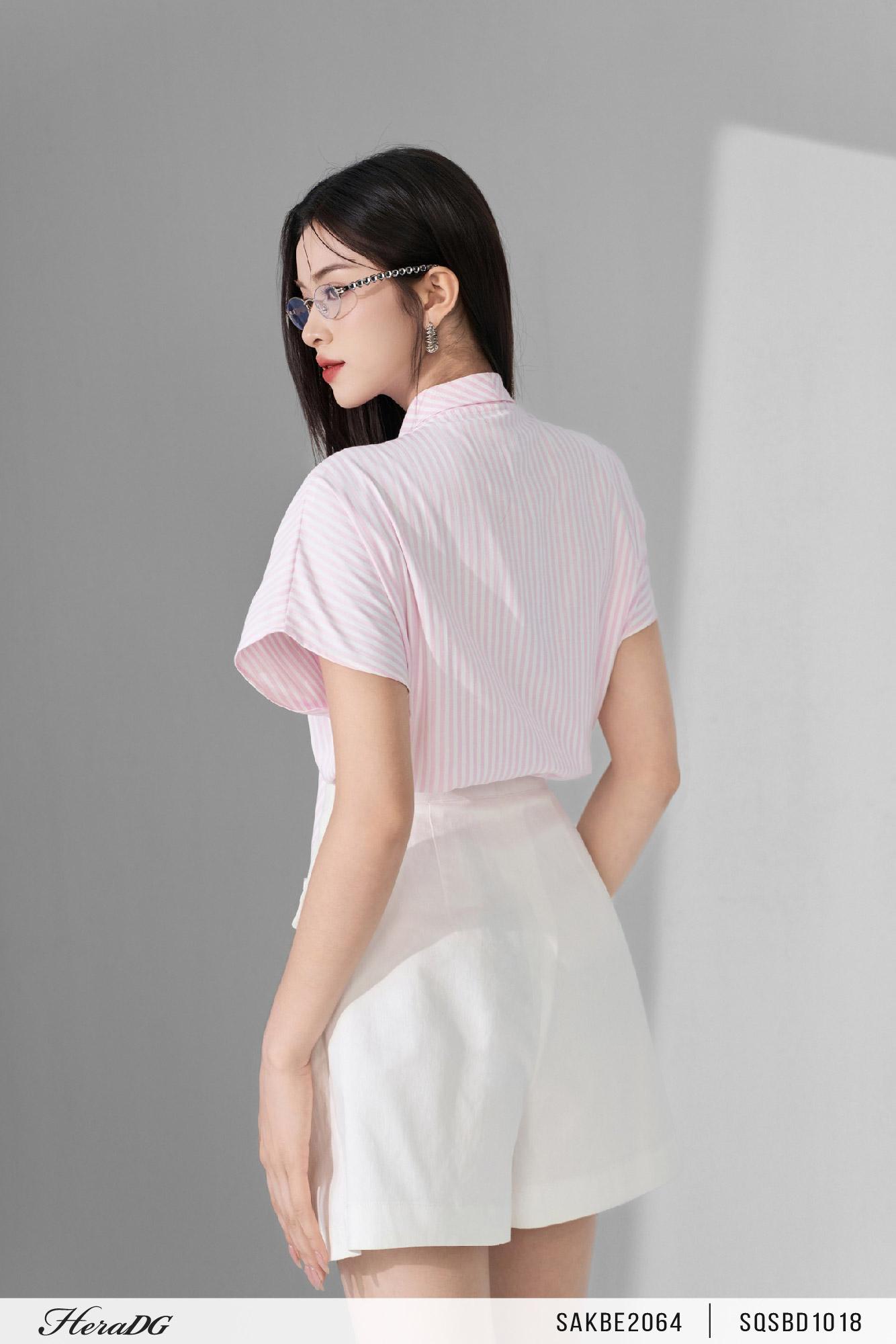 Áo kẻ cổ nơ tay liền