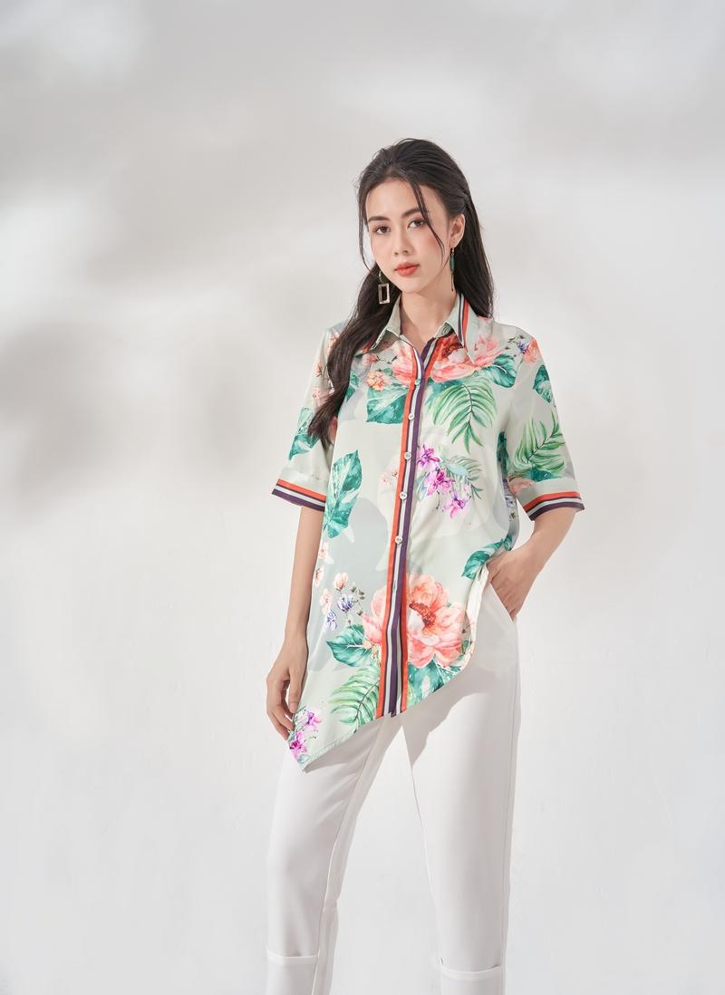 Áo sơ mi cổ đức vạt lệch