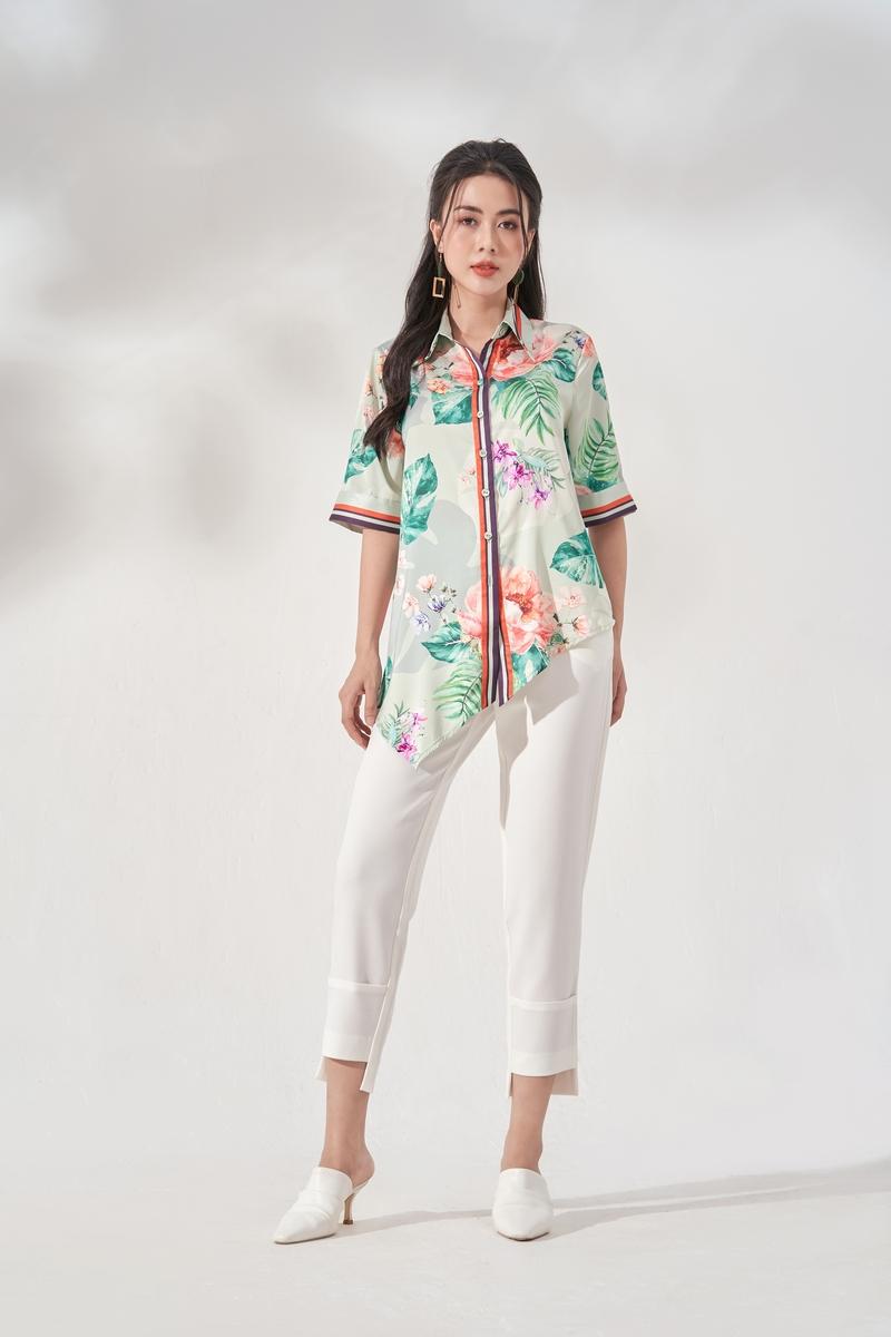 Áo sơ mi cổ đức vạt lệch