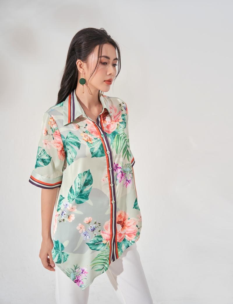 Áo sơ mi cổ đức vạt lệch