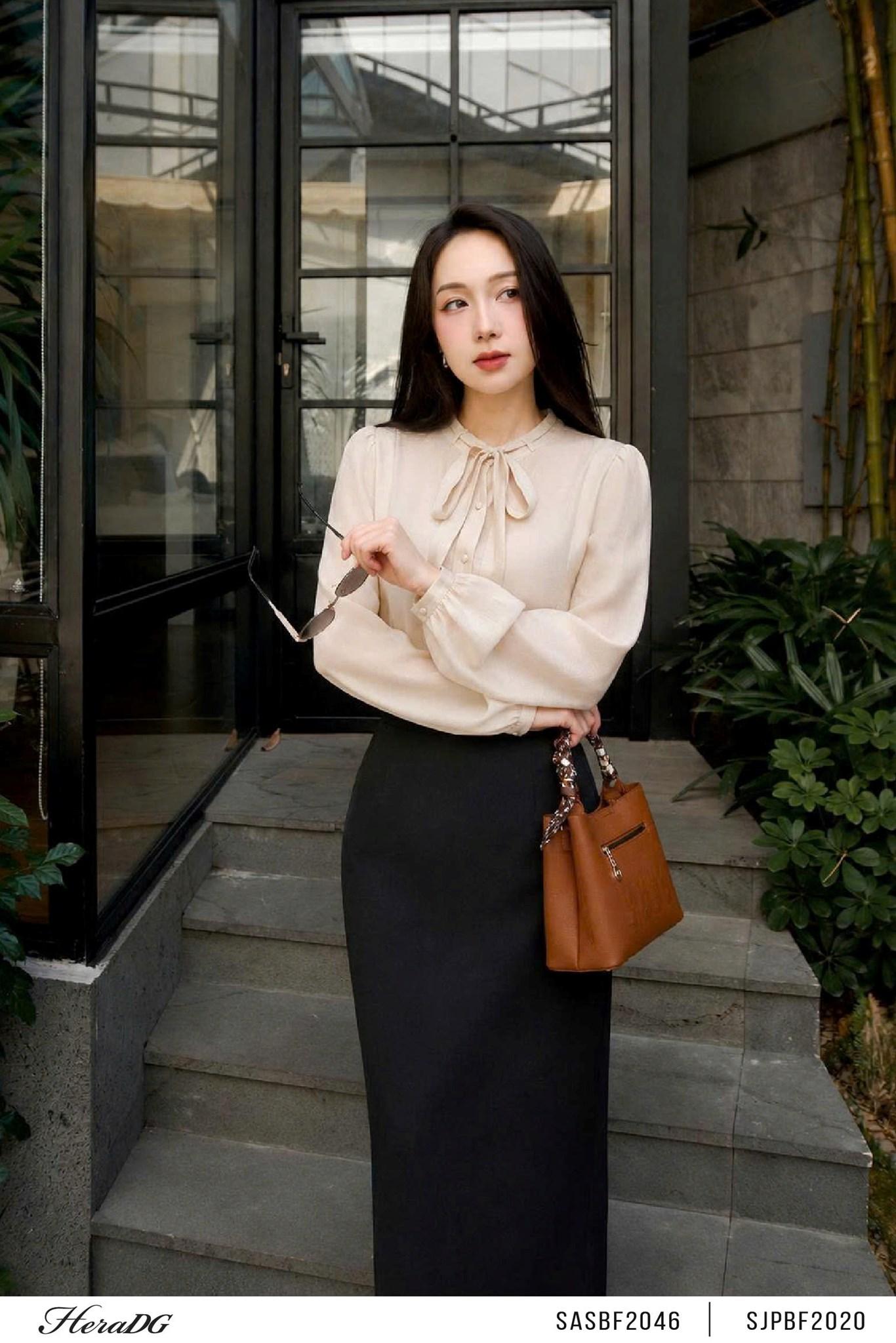 Áo sơ mi cổ luồn dây thắt nơ