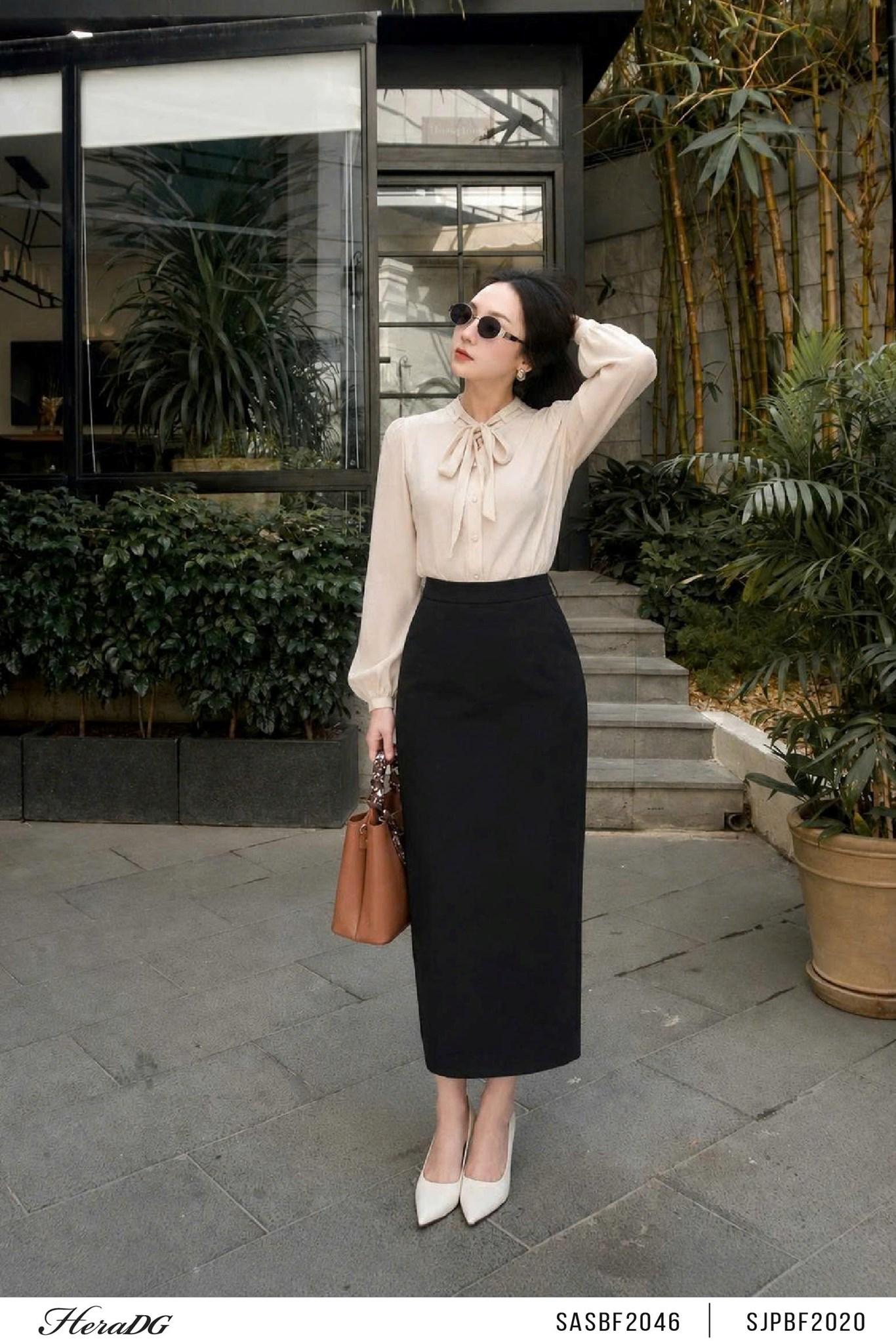 Áo sơ mi cổ luồn dây thắt nơ
