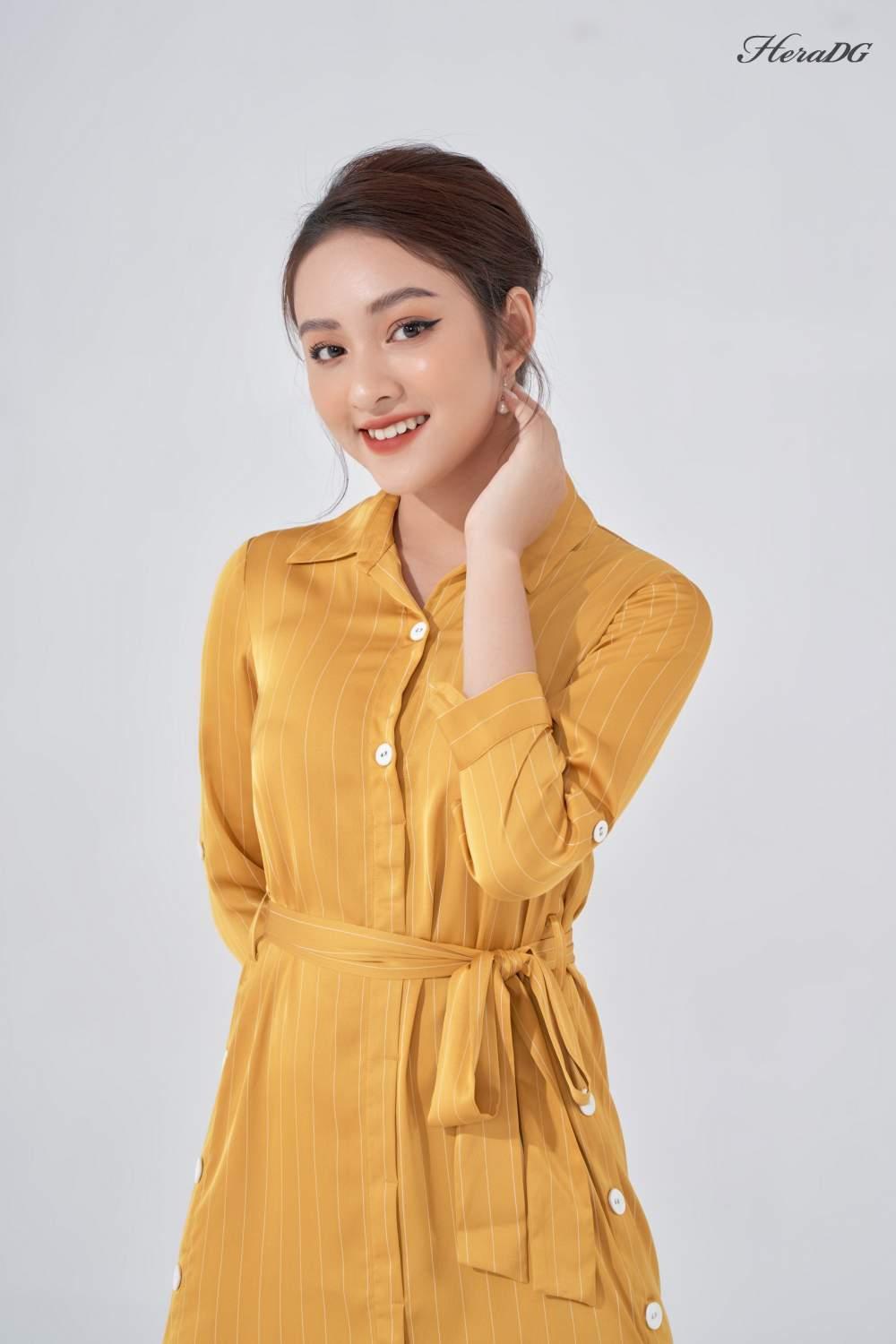 Đầm lụa sơ mi cổ đức, cài khuy sườn