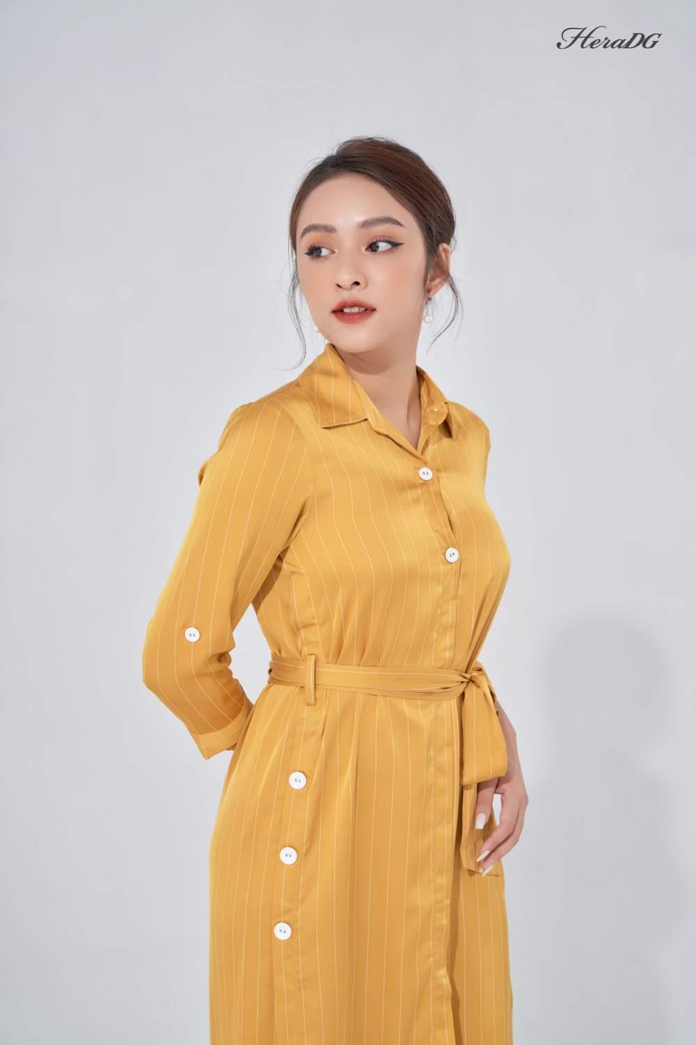 Đầm lụa sơ mi cổ đức, cài khuy sườn