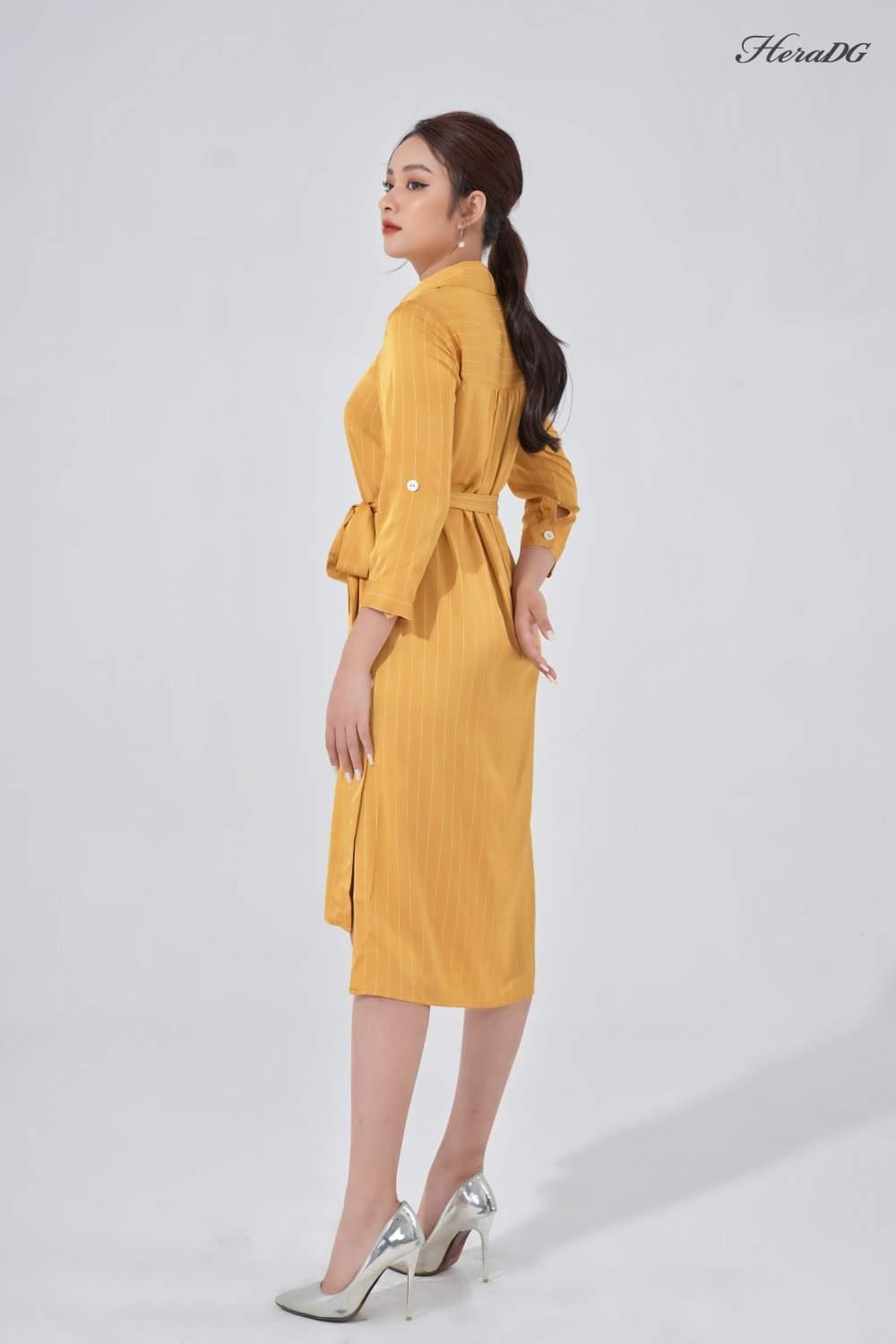 Đầm lụa sơ mi cổ đức, cài khuy sườn
