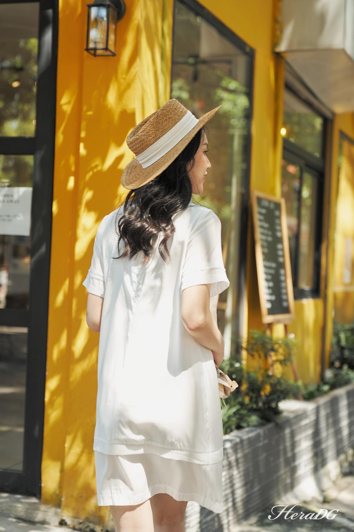 Đầm suông nơ cổ tay cộc