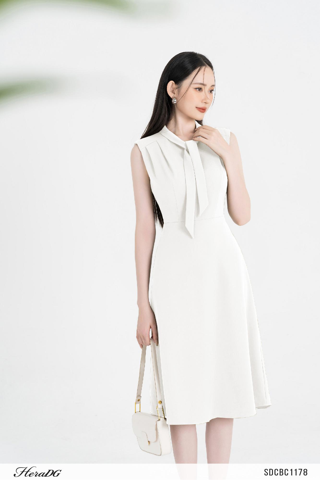 Đầm A cổ buộc nơ