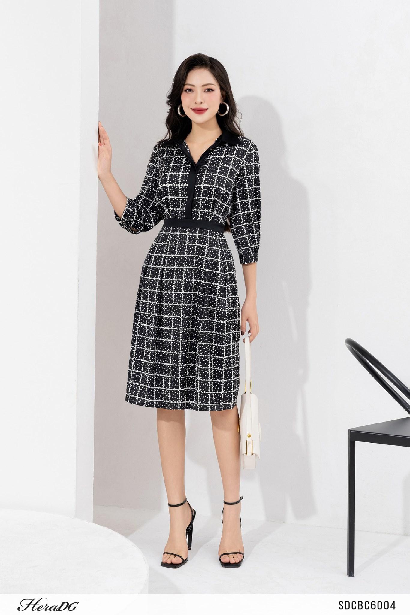 Đầm A cổ đức thắt eo