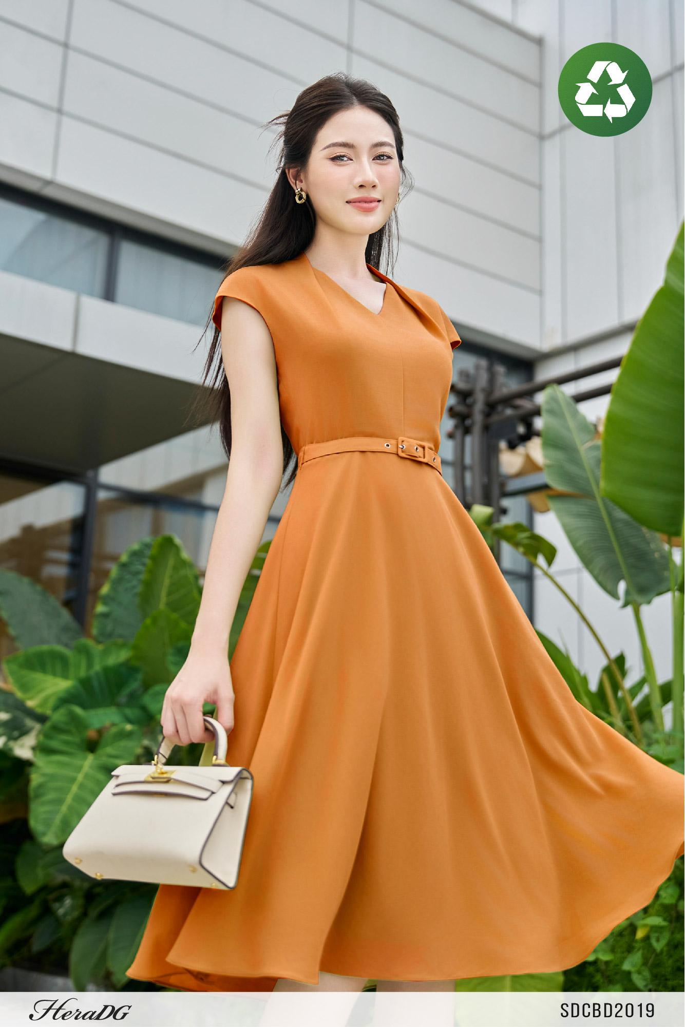 Đầm xoè cổ V tay chờm