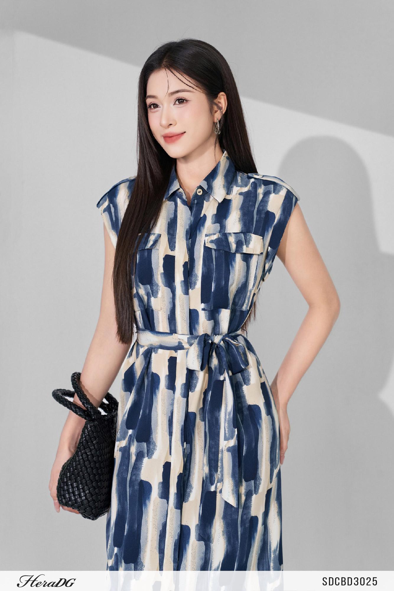 Đầm suông sơ mi hoạ tiết