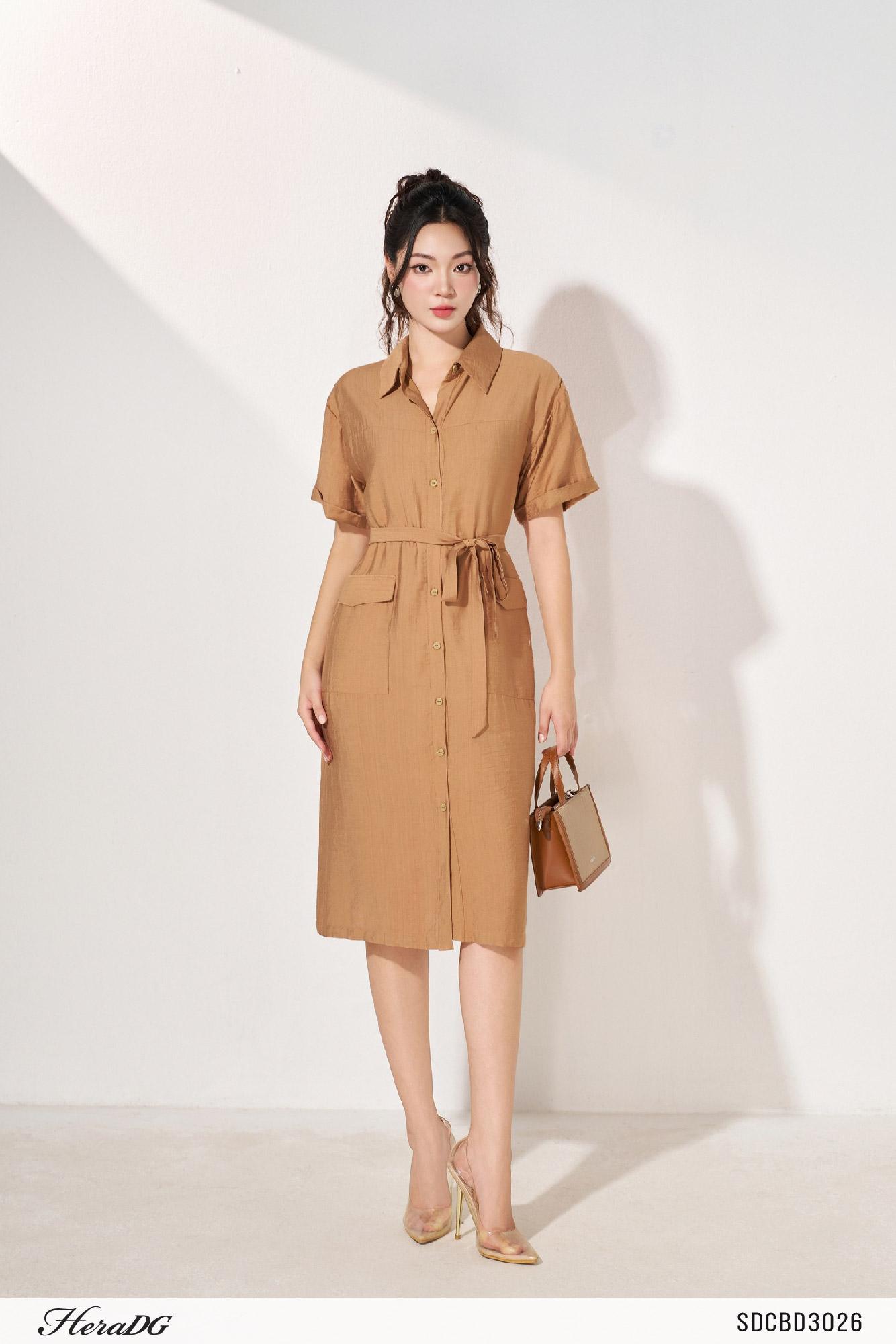 Đầm sơ mi suông kèm đai