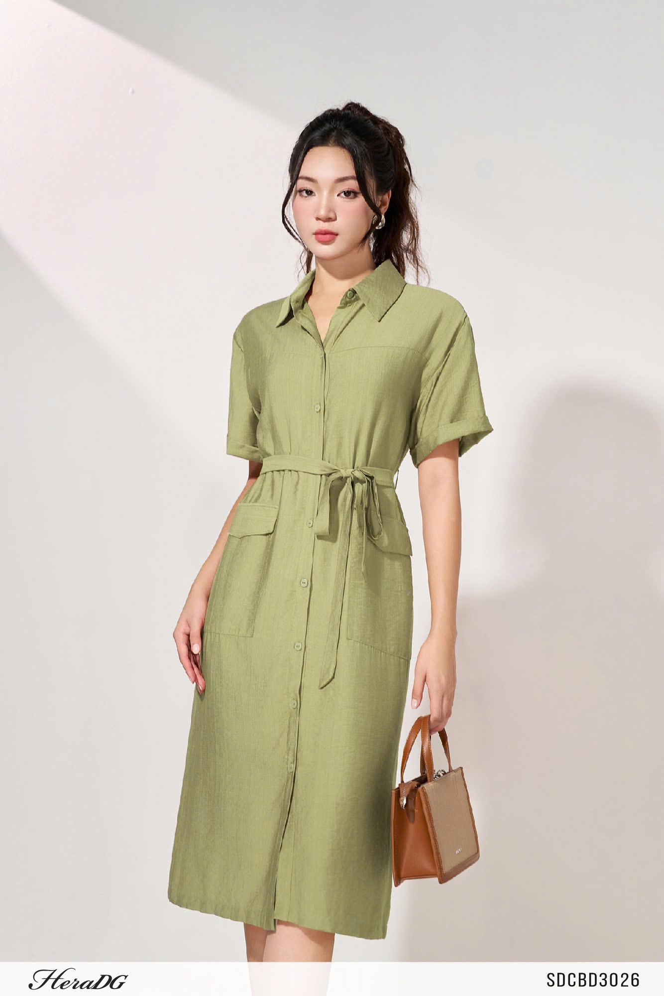 Đầm sơ mi suông kèm đai