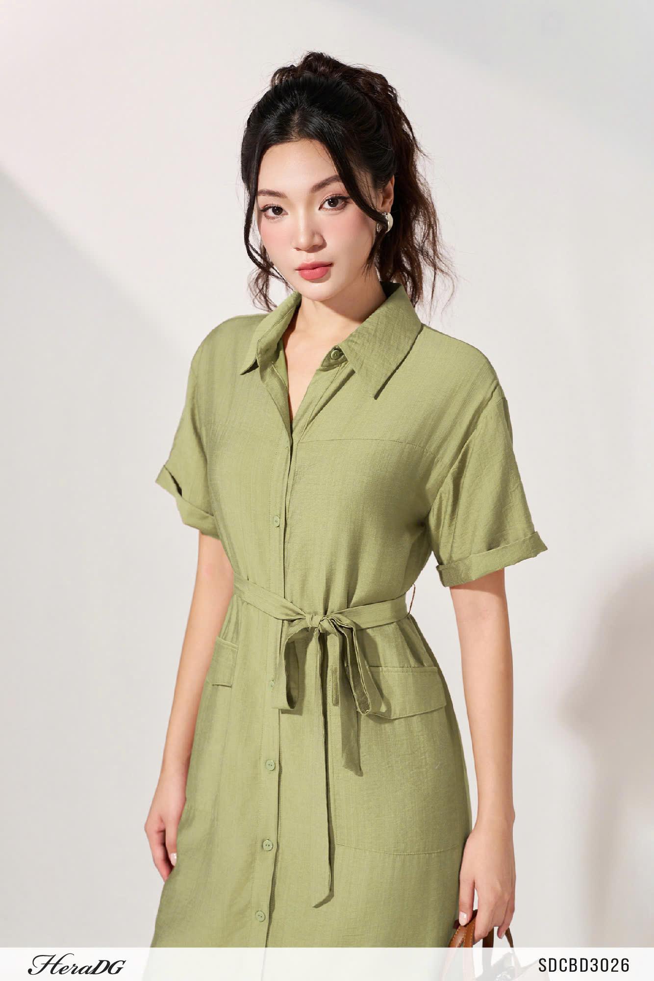 Đầm sơ mi suông kèm đai