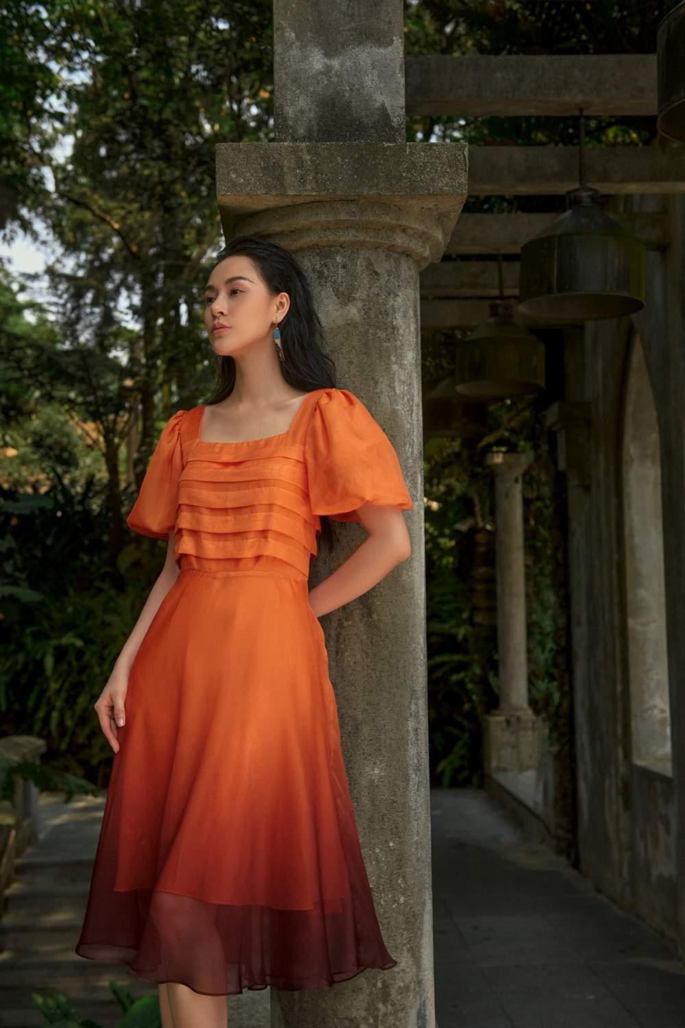 Đầm xòe ombre tay bồng