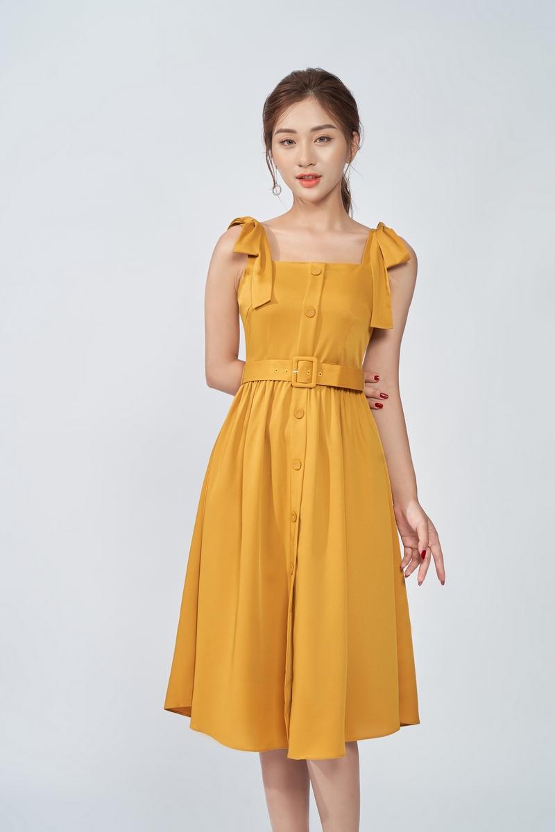 Đầm xòe hai dây nơ vai