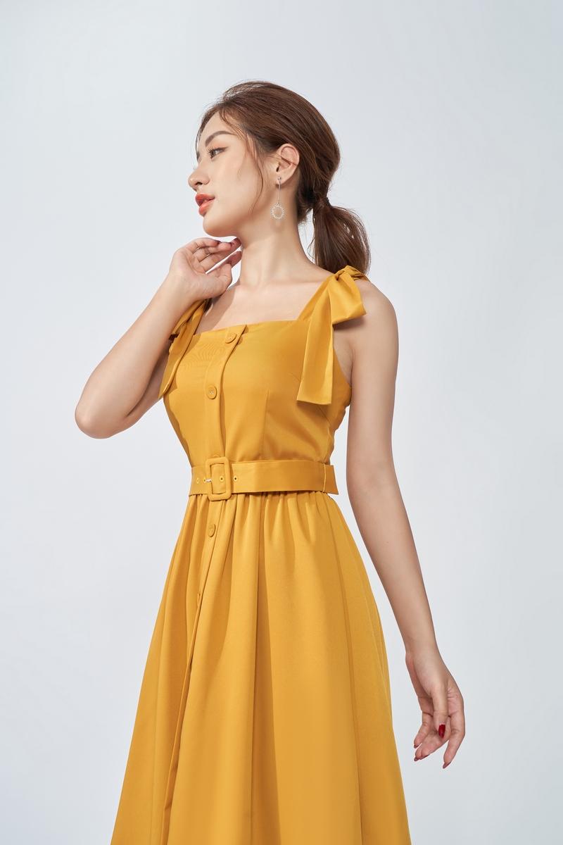 Đầm xòe hai dây nơ vai