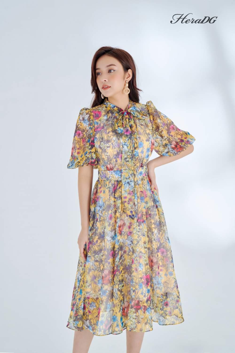 Đầm xòe cổ nơ buộc