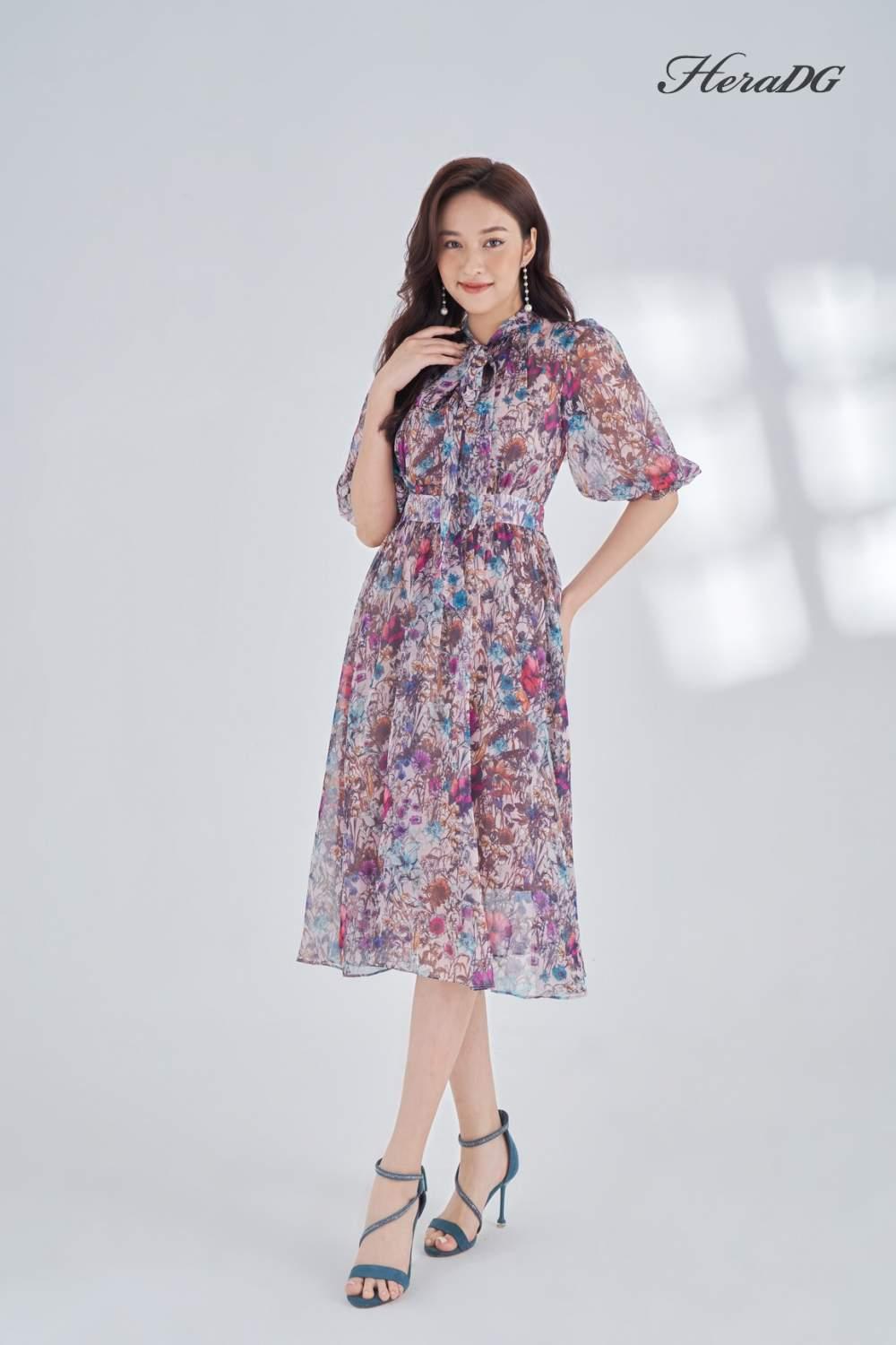Đầm xòe cổ nơ buộc