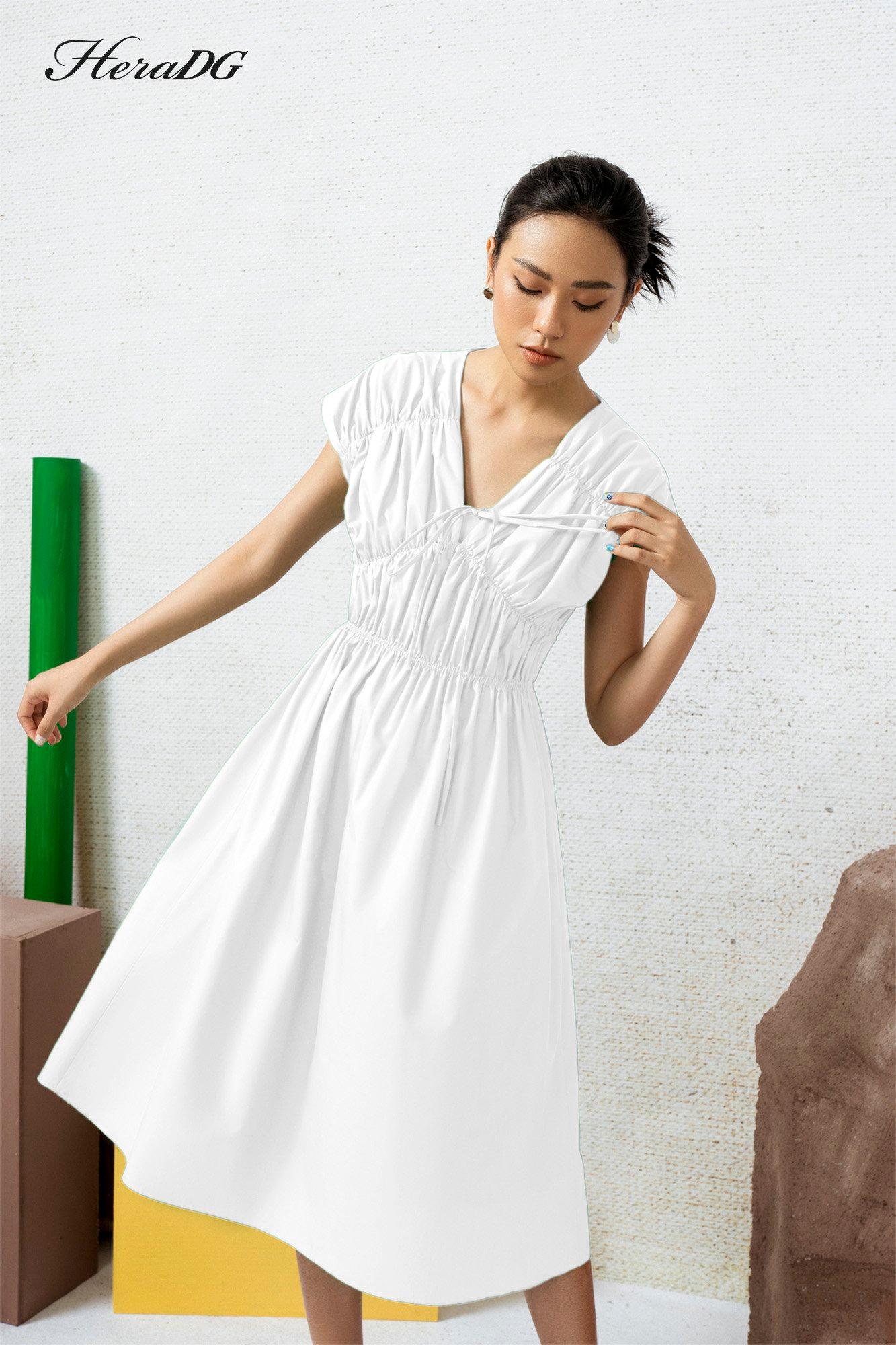 Đầm xòe vai chờm rút nhún thân