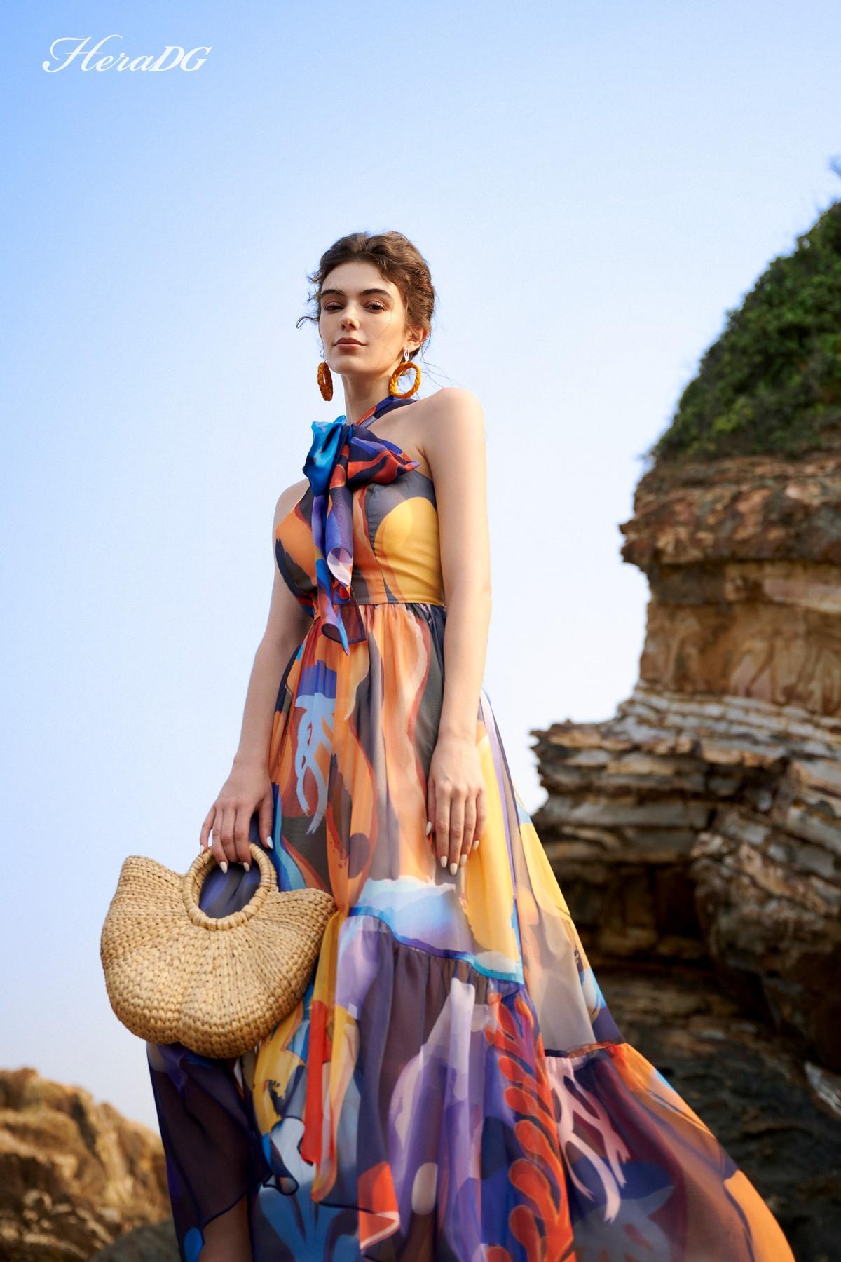 Đầm maxi thắt nơ cổ