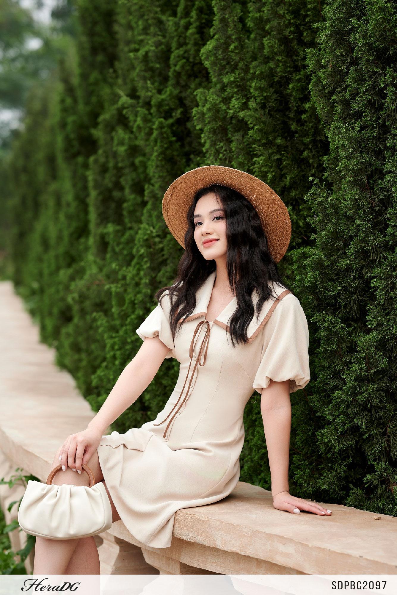 Đầm A tay bồng thắt dây nơ