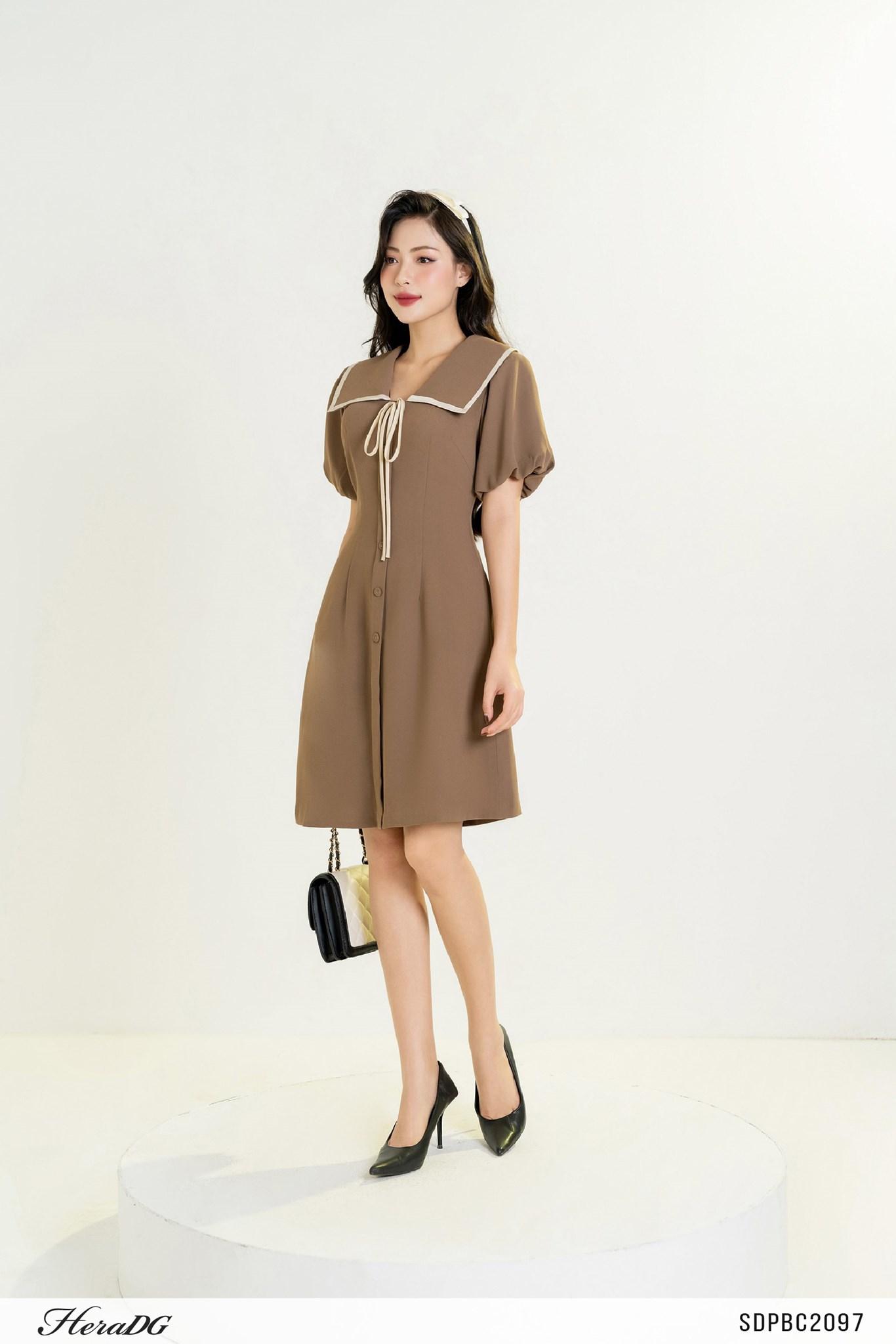 Đầm A tay bồng thắt dây nơ