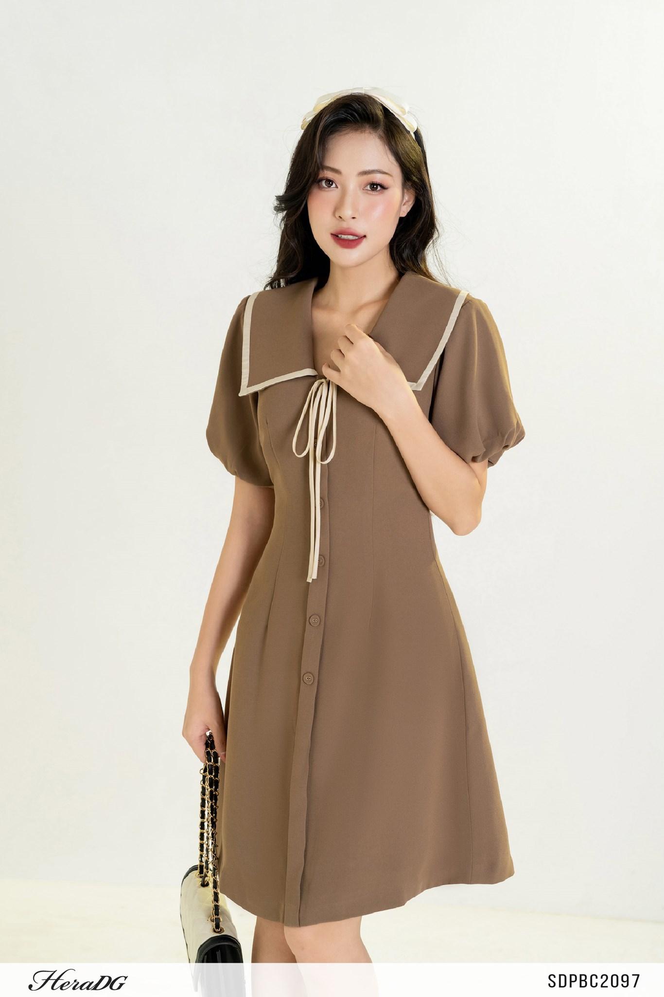 Đầm A tay bồng thắt dây nơ