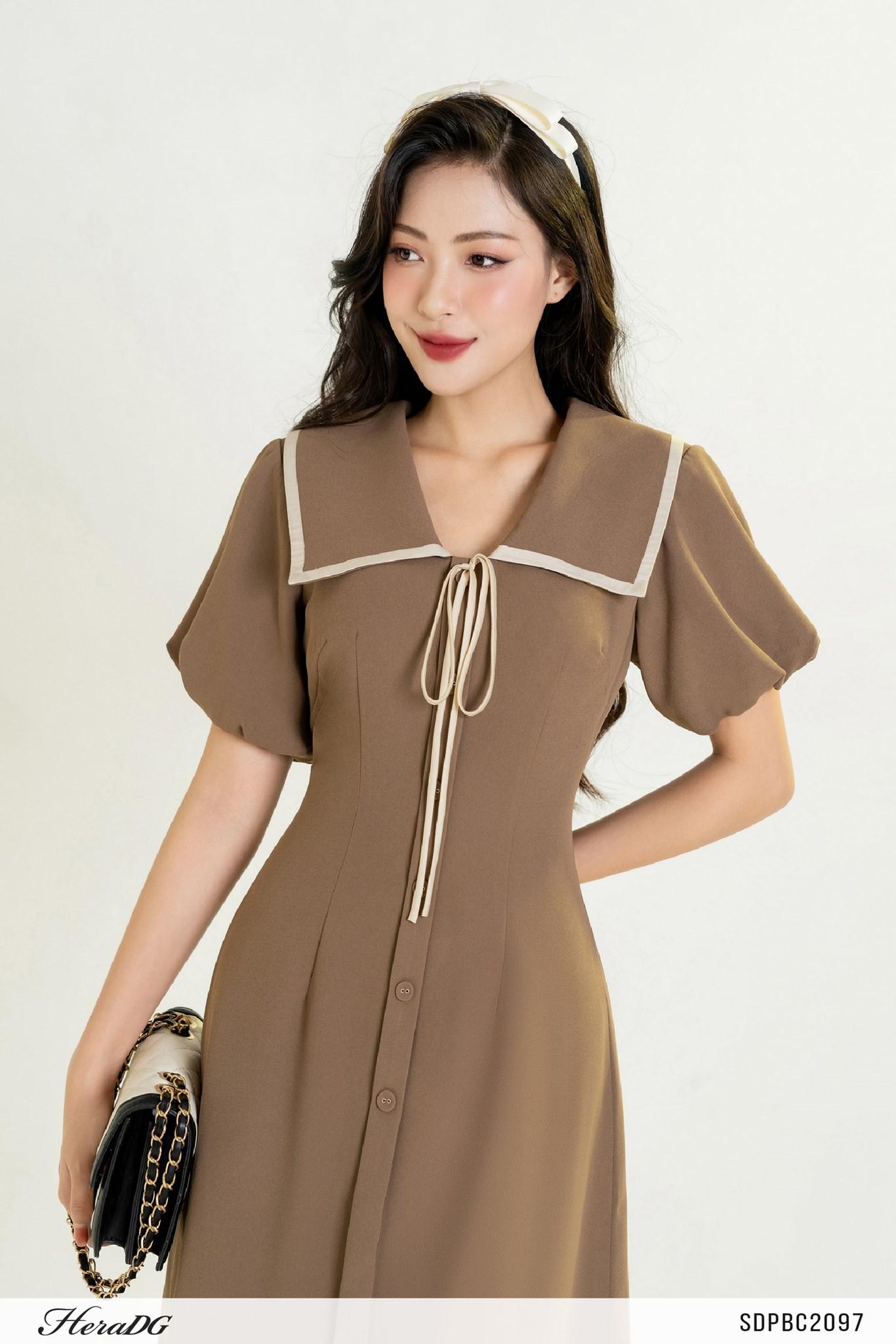 Đầm A tay bồng thắt dây nơ