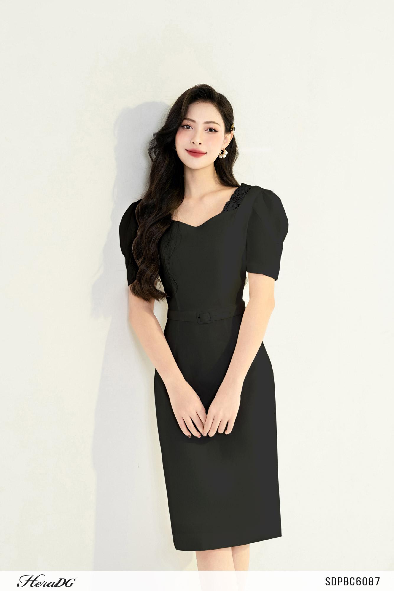 Đầm ôm phối ren thắt đai – Đen – ảnh 3
