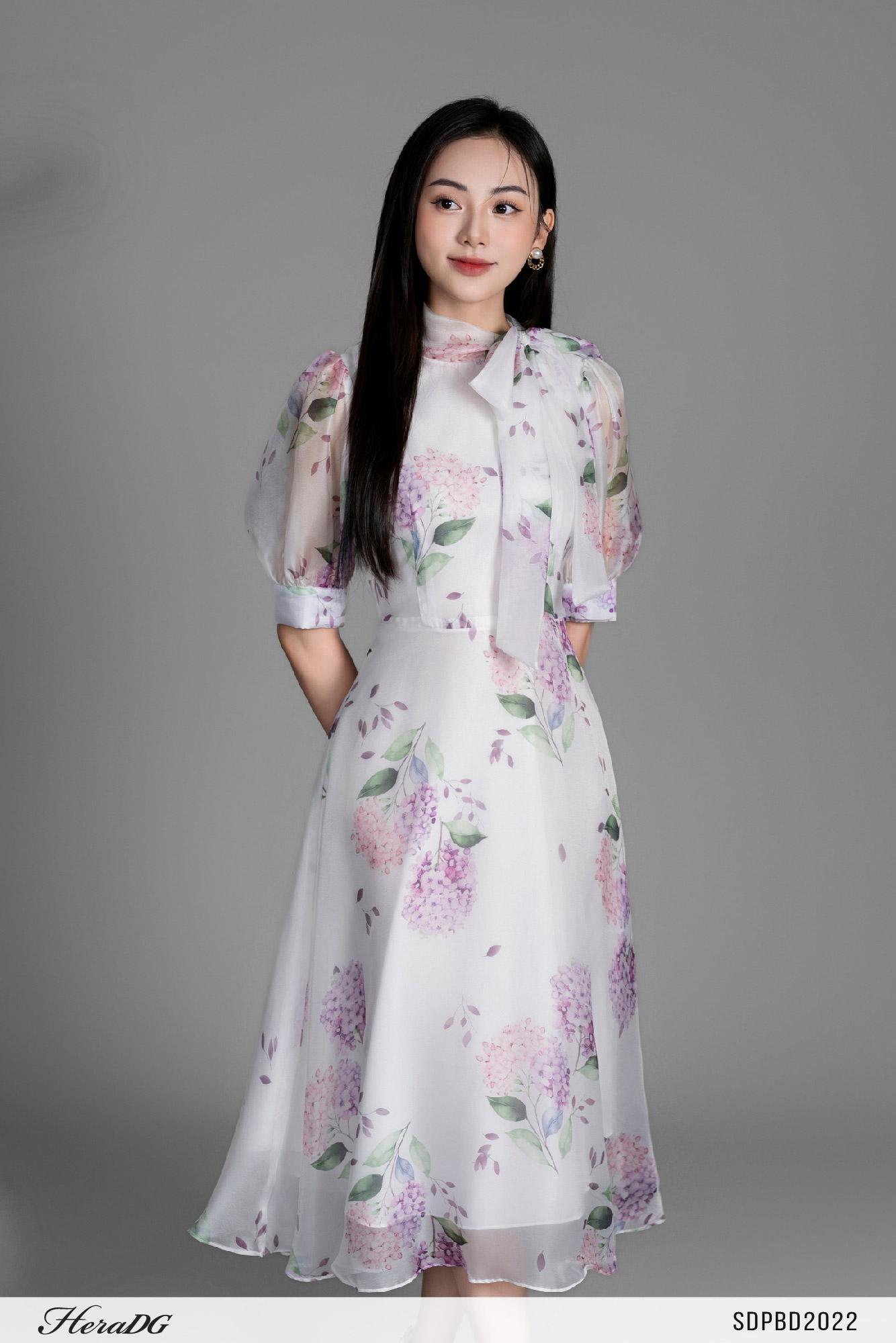 Đầm tơ cổ thắt nơ