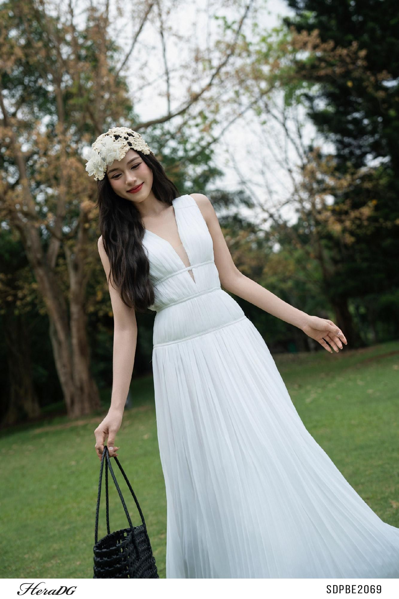 Đầm xoè nhún, dây nơ buộc sau