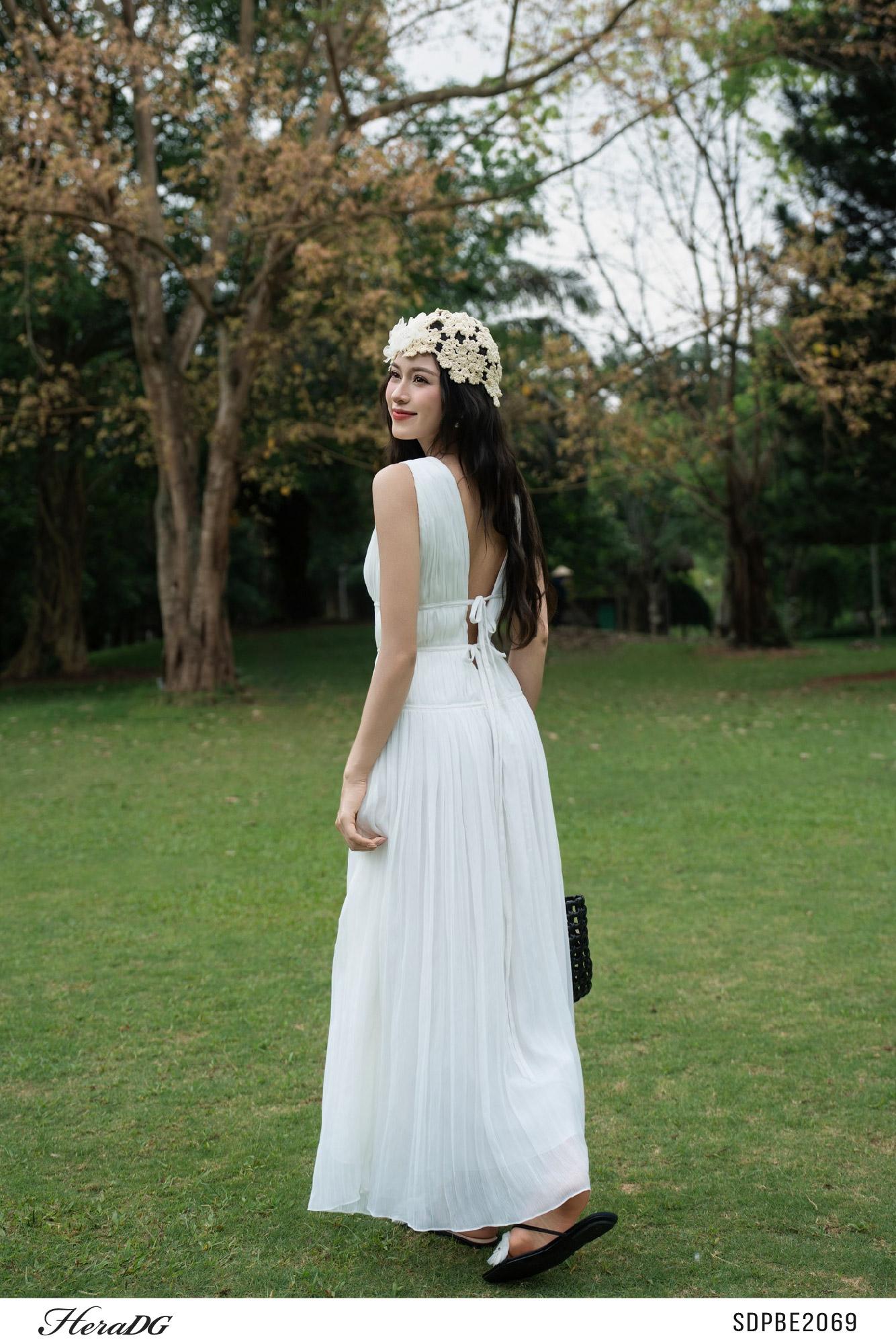 Đầm xoè nhún, dây nơ buộc sau