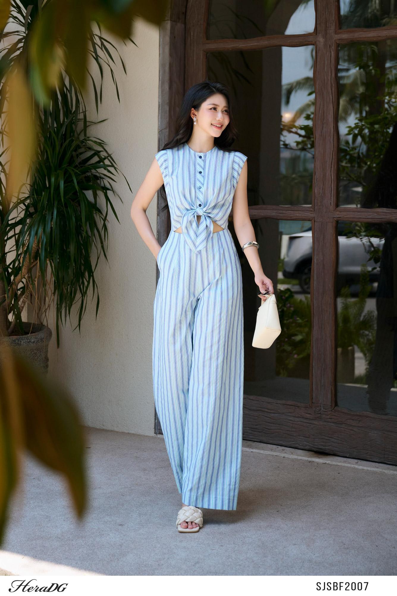 Jumpsuit kẻ eo xếp nơ