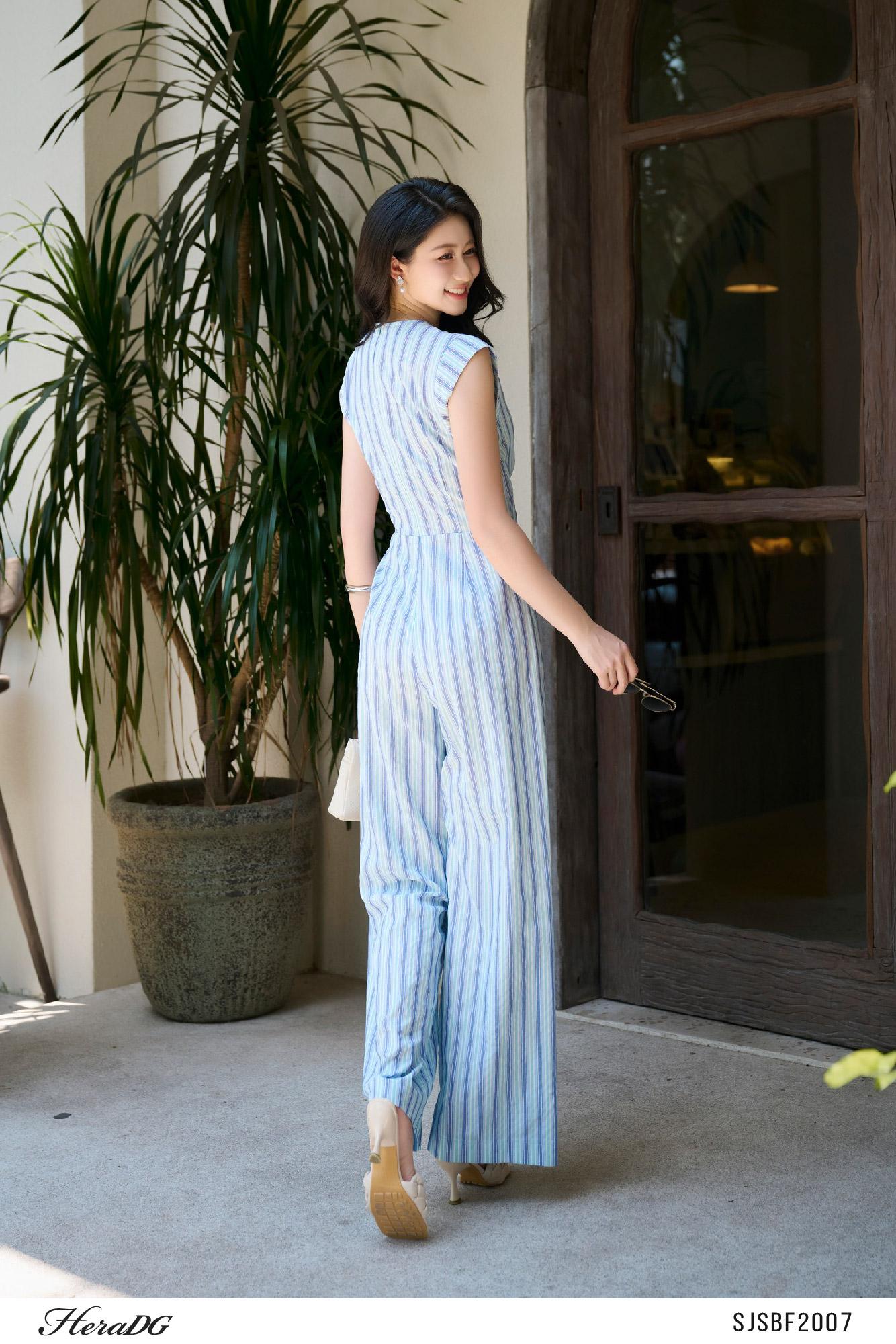 Jumpsuit kẻ eo xếp nơ