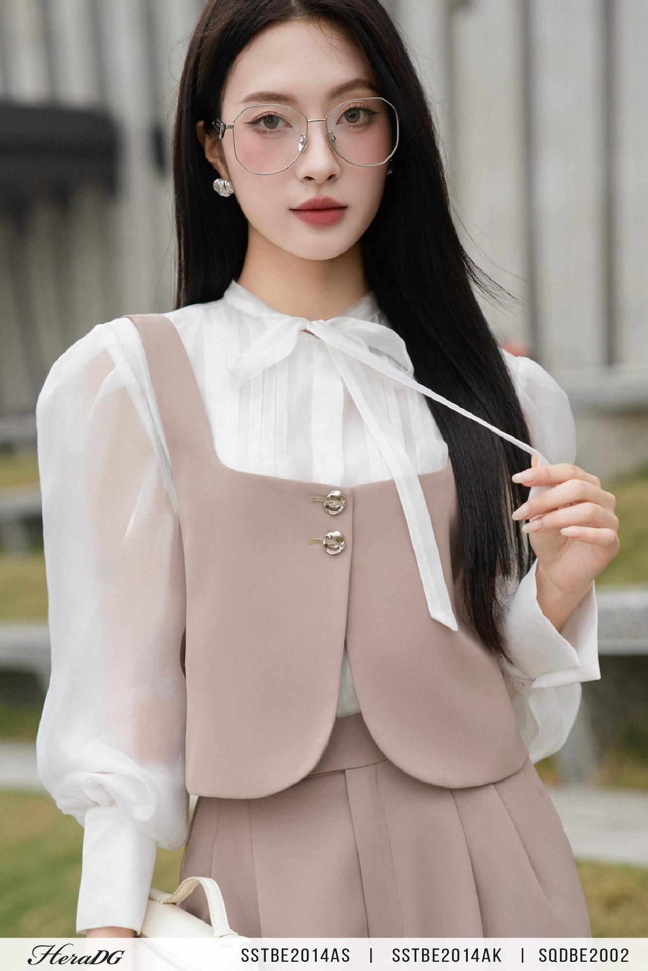 Áo sơ mi tơ xếp ly lật ,cổ buộc nơ