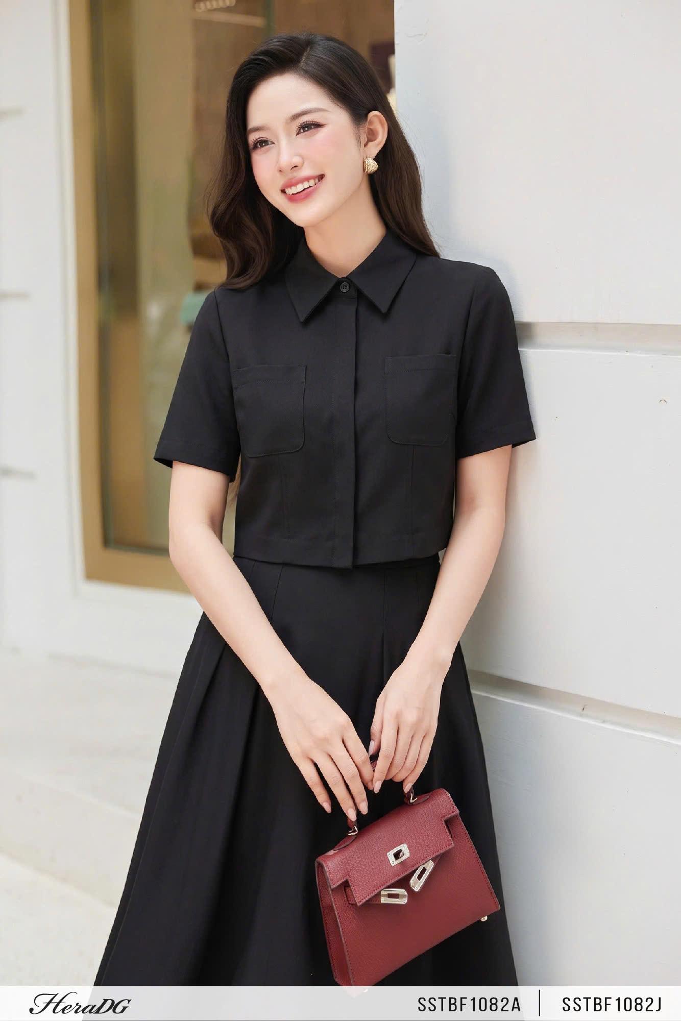 Áo sơ mi dáng croptop – Đen – ảnh 5