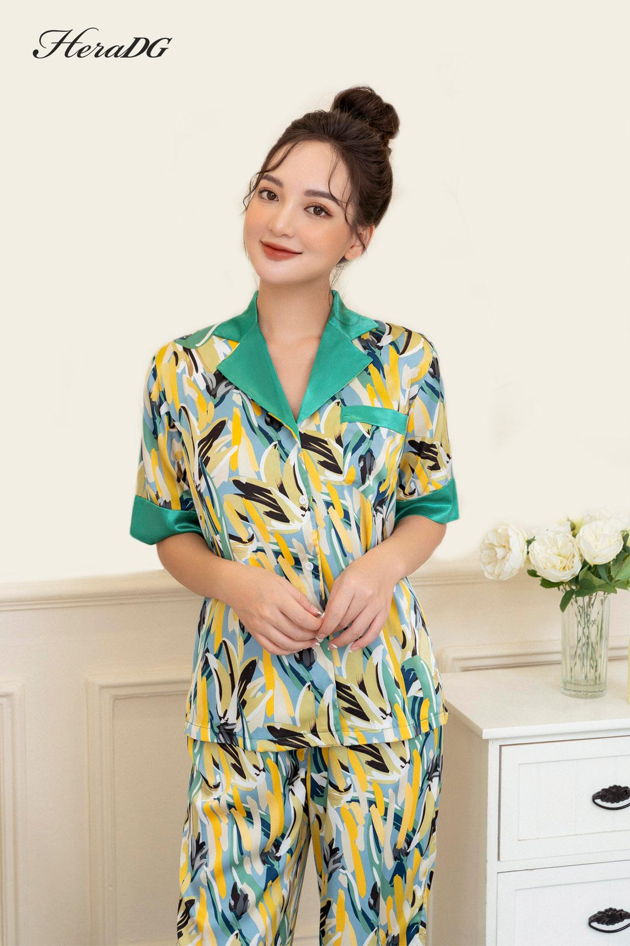 Bộ pijama ngắn tay can phối tay – Xanh họa tiết – ảnh 3