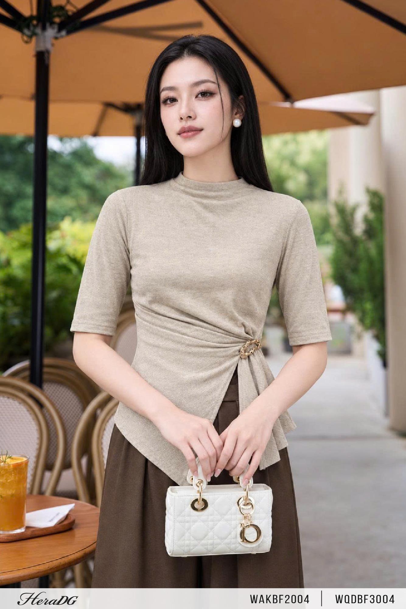 Áo thun tay lỡ xếp eo lệch – Nâu Nhạt – ảnh 6