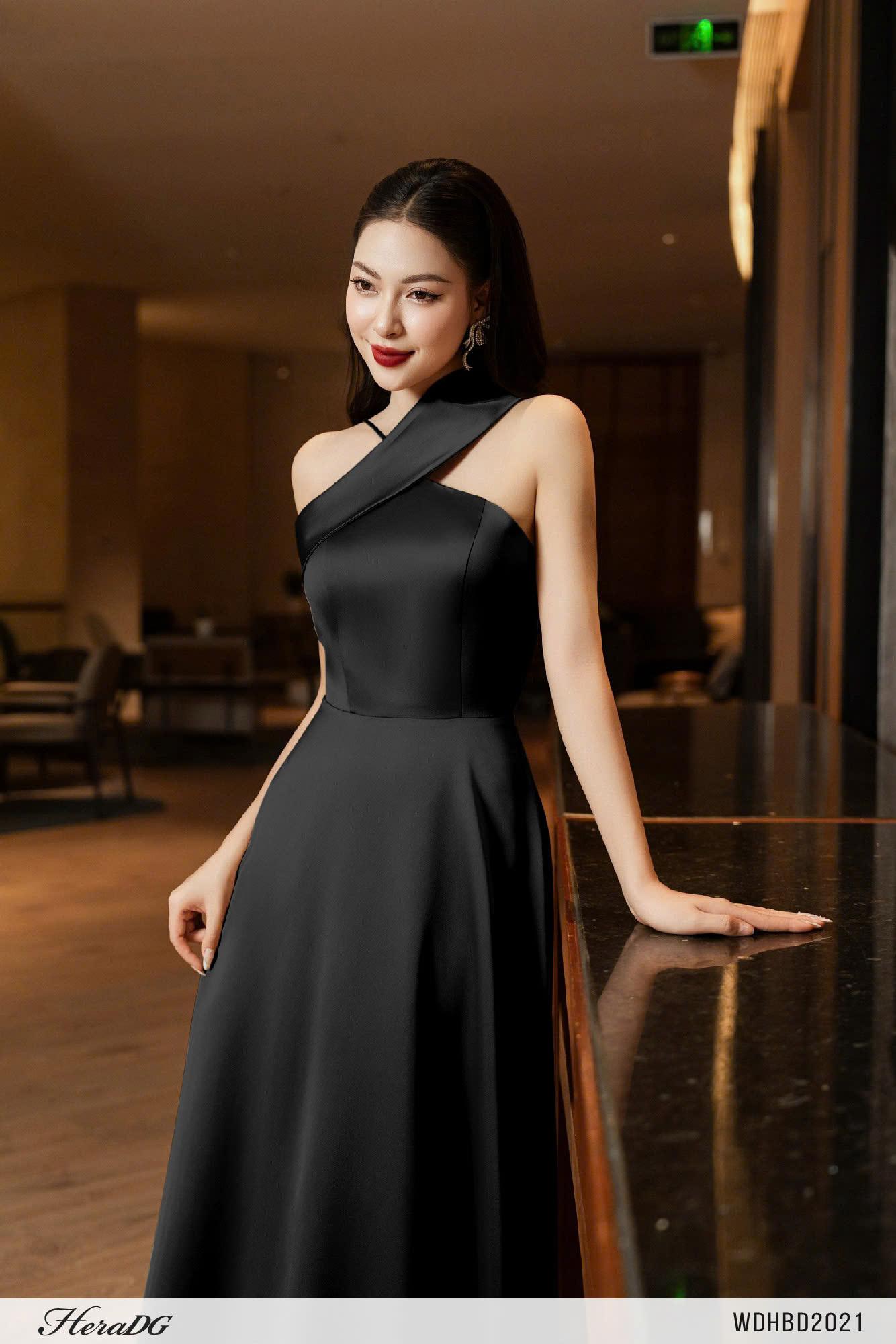 Đầm lụa xoè lệch vai – Đen – ảnh 5