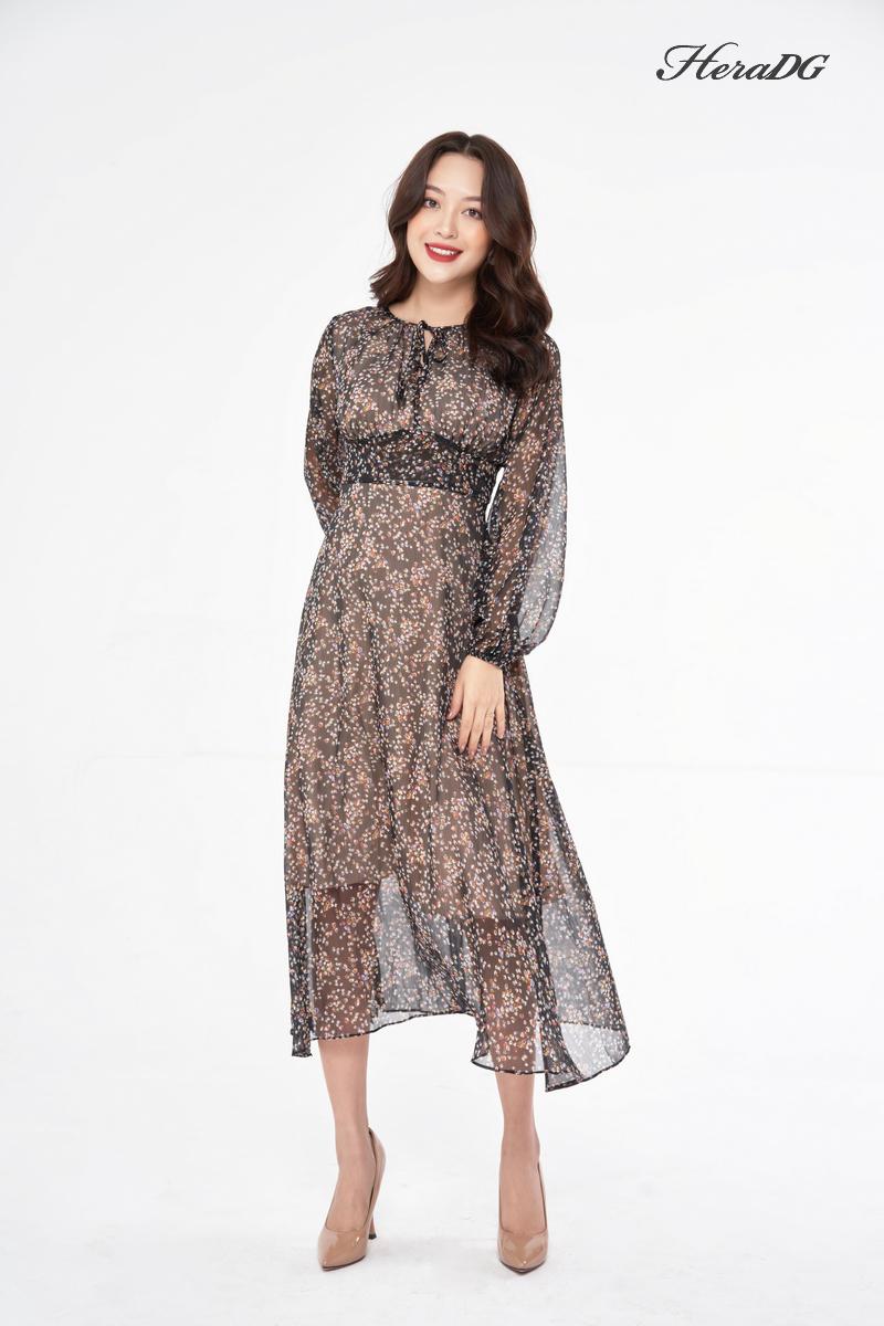 Đầm xòe dây nơ cổ
