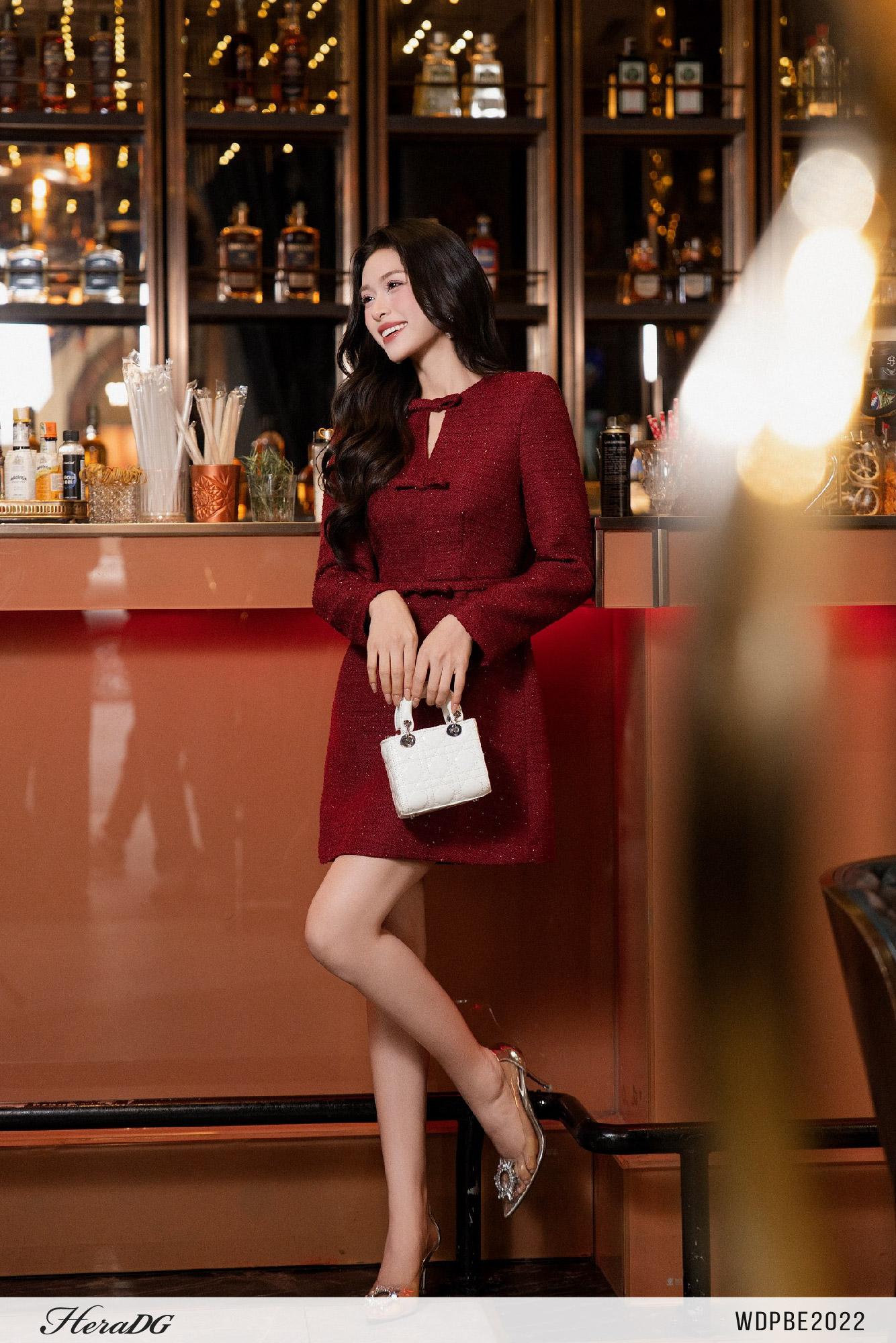 Đầm tweed dáng A có đai nơ