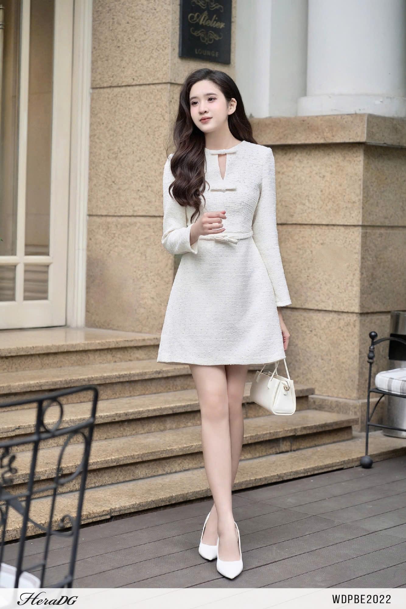 Đầm tweed dáng A có đai nơ